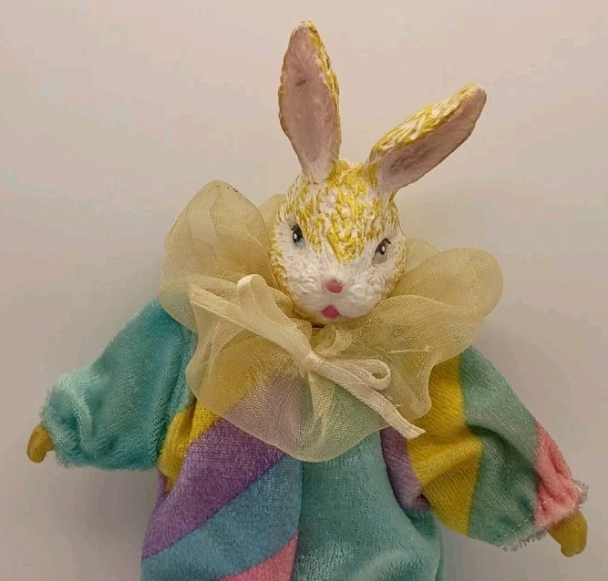 Vtg. Anthropomorphic Bunny Jester Bendable Figure Pastel Stripe Velour Jumpsuit