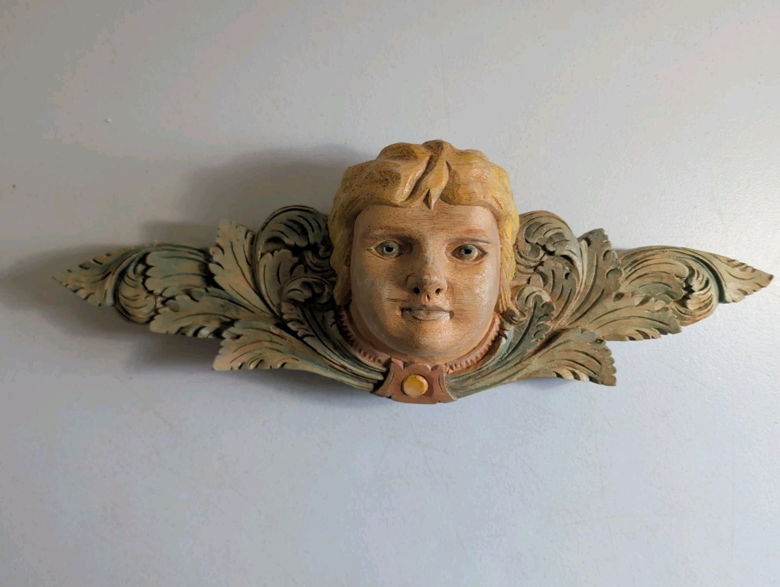Vintage Hand Carved Solid Wood Angel Cherub Wall Plaque 19×7 Architectural Decor