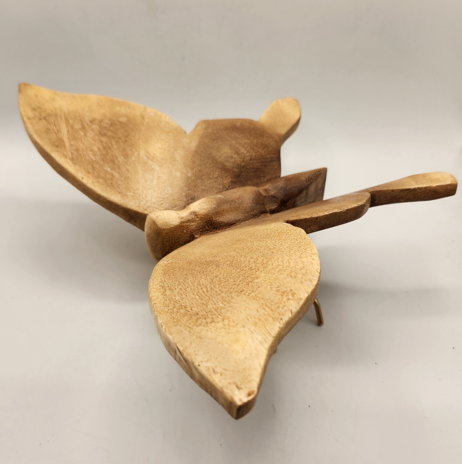 Carved Wood Butterfly Metal Gold Tone Legs Boho Decor