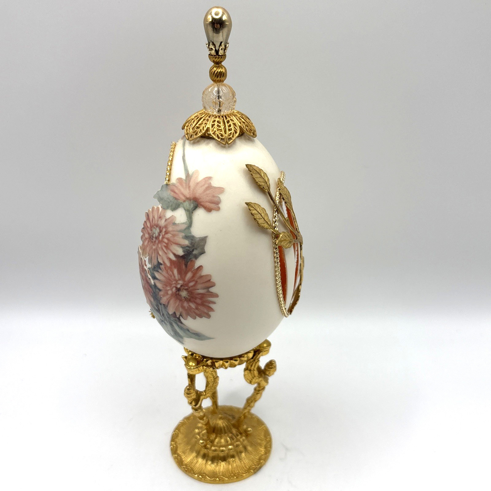 Faberge Egg Style Diorama Cherub Flute Gold Tone Stand Hand Painted Signed 1978
