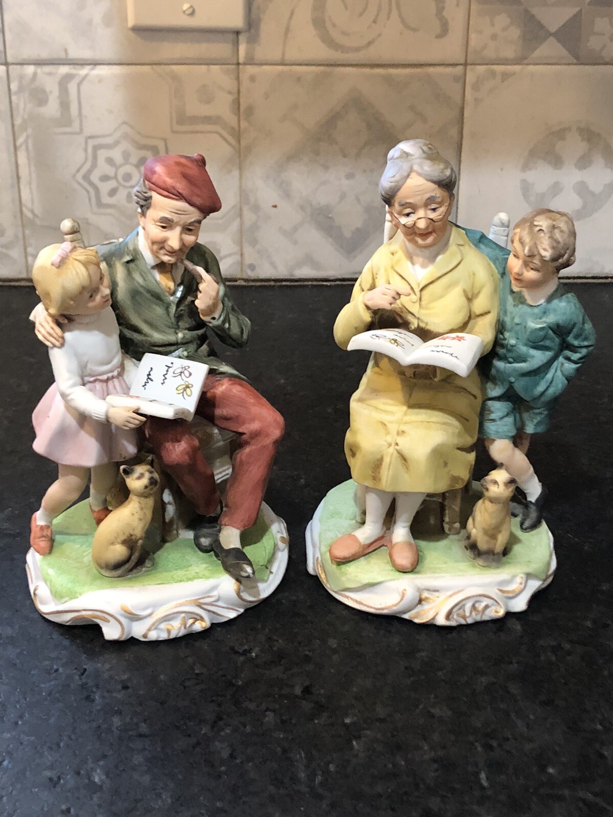 Two – Vintage Grandma and Grandpa reading to Child porcelain Ardco figurine