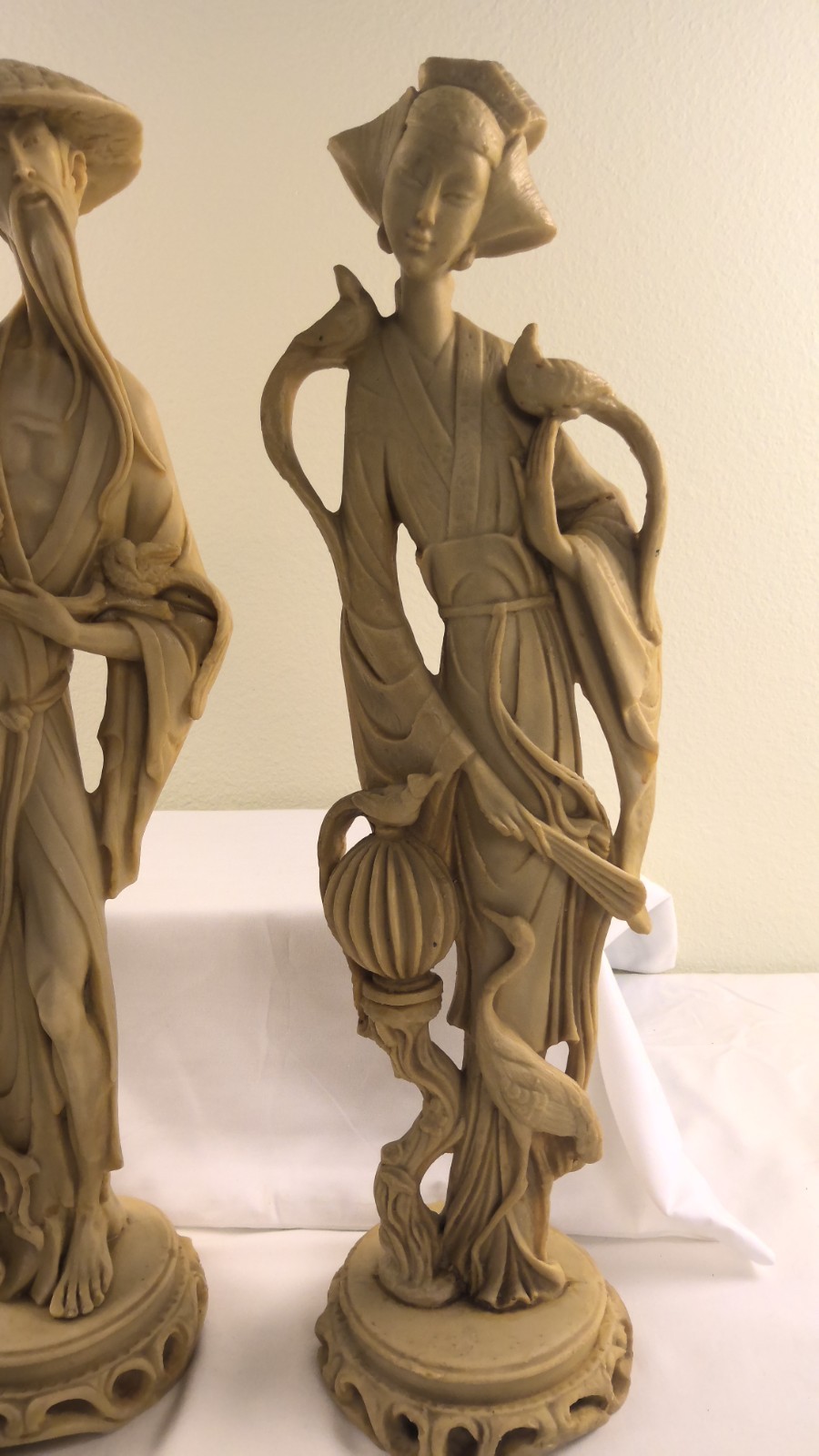 Vintage Asian Carved Resin Man & Woman with Birds Figural Statues 19.5 Inches