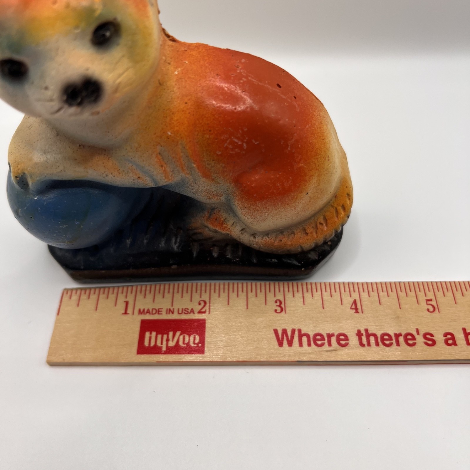Vintage Chalkware Carnival Prize. 4in. Orange/blue. Cat with ball. Hand Painted