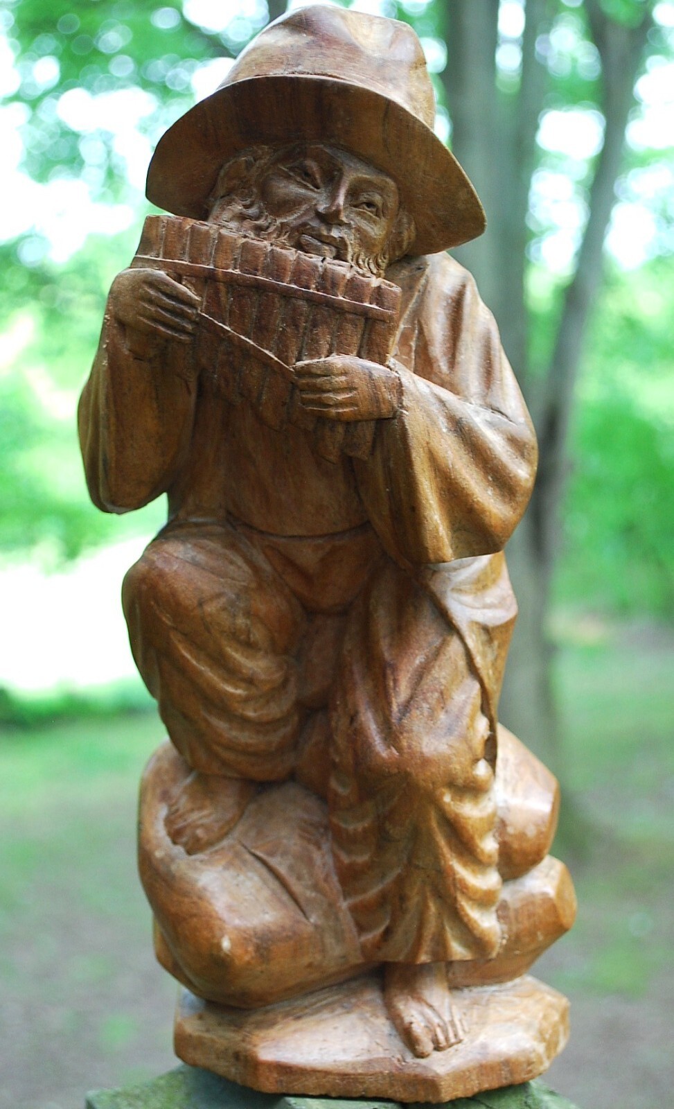 Antique BLACK FOREST GERMANY Hand Carved Wood Sculpture MAN PLAYING PAN PIPES