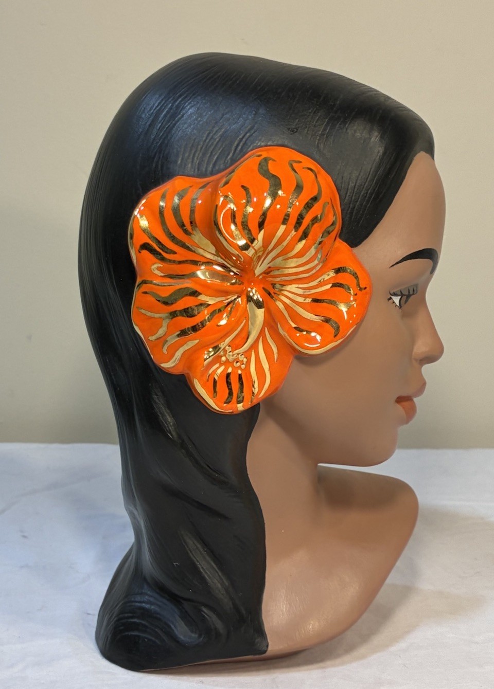 Vintage Marwal Chalkware Hawaiian Polynesian Hula Woman Head Bust Statue Signed