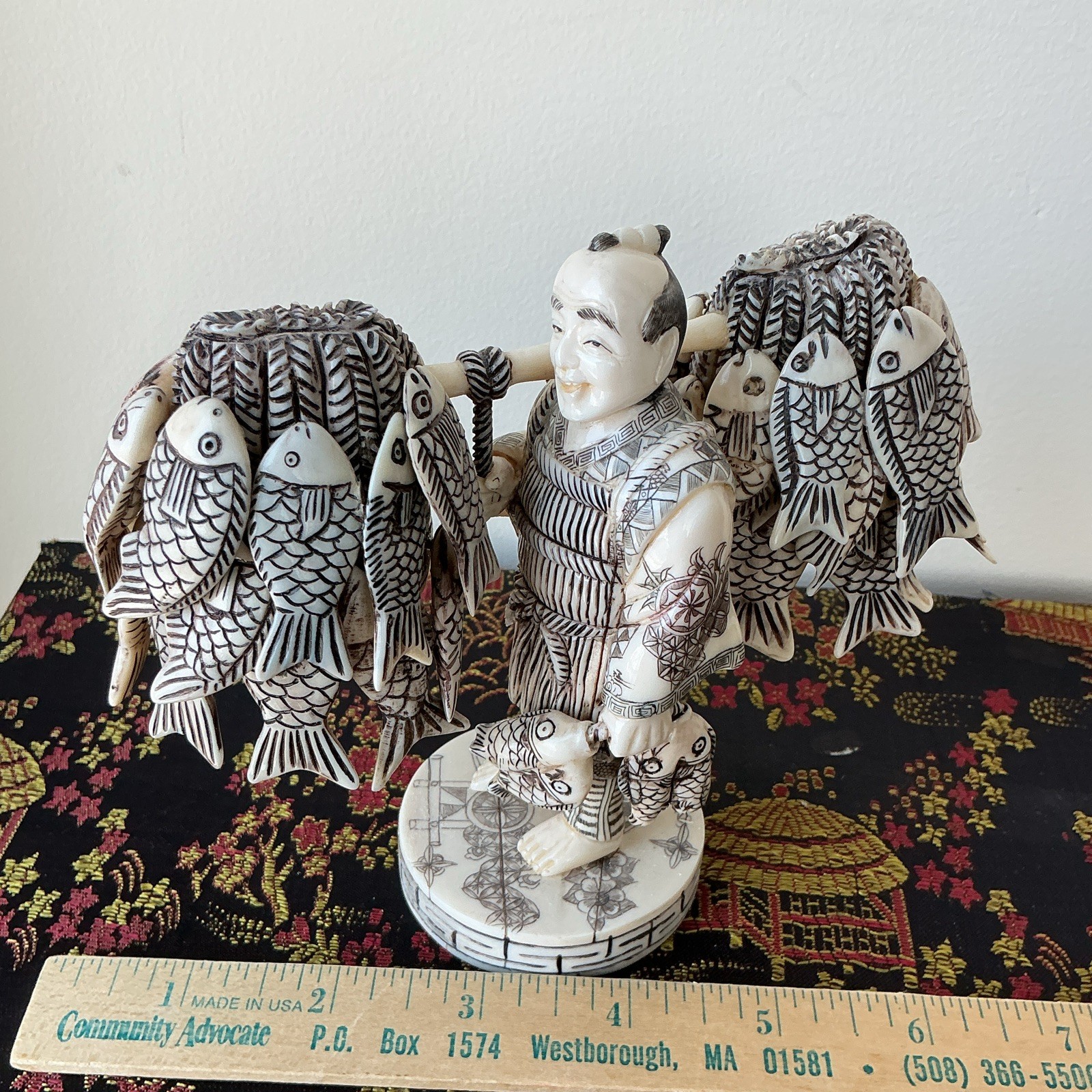 Hand Carved Ivory color Fisherman Figurine Carrying Fish Pole Ivory Black 6 in