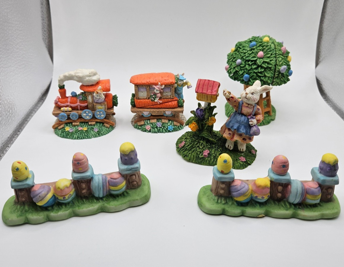Easter Bunny Village Figurines Lot of 6 Rabbit Houses Trees Spring Decor