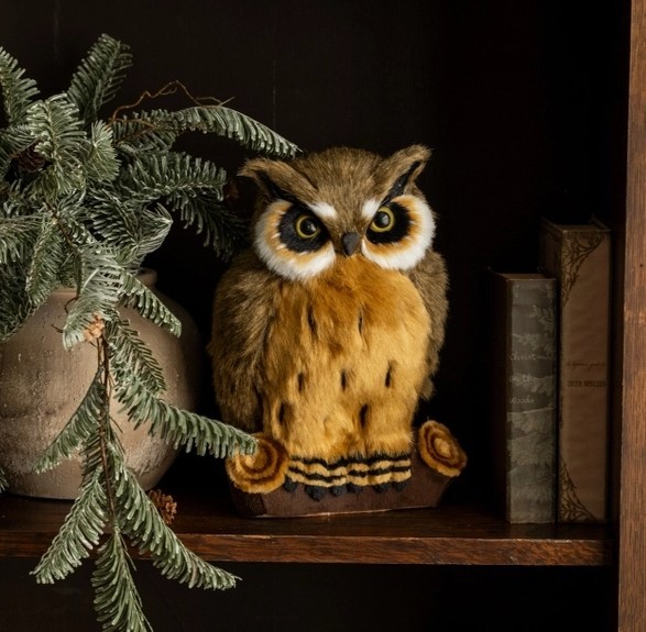 Ragon House 11″ Great Horned Owl on Log Figurine Plush Fur New with Tag