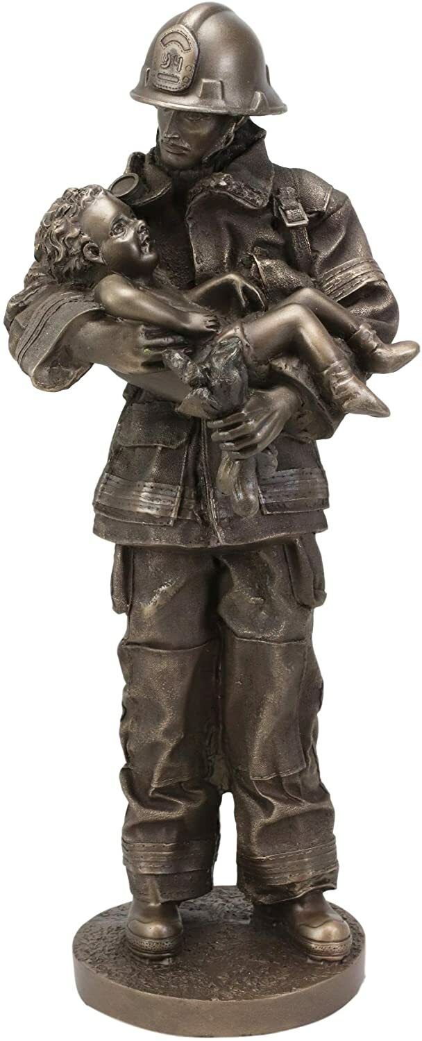 Ebros Fireman Fire Fighter Holding Child Decorative Figurine 12″H Resin Hero