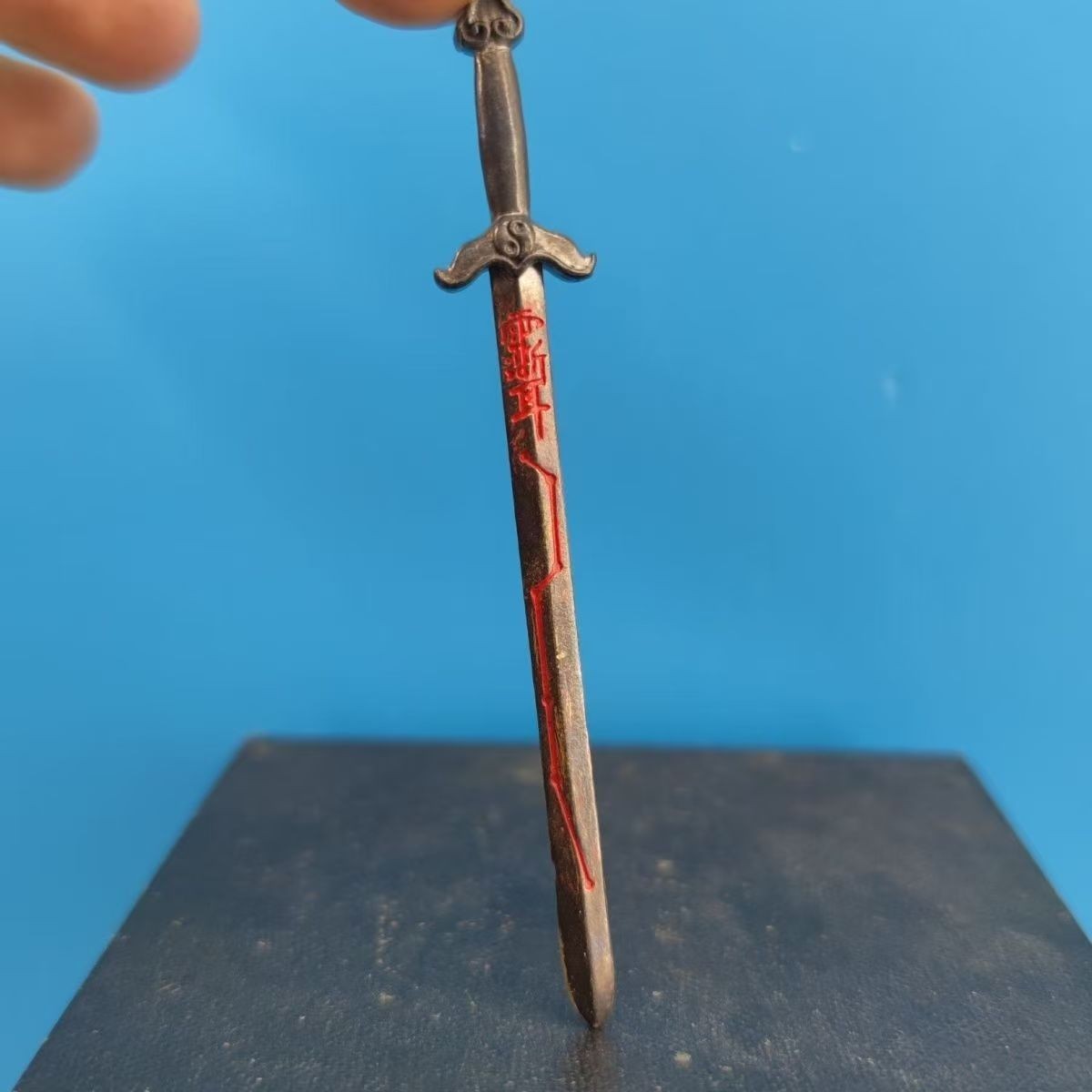 9cm vintage brass Bagua Taiji sword model cinnabar amulet ornament