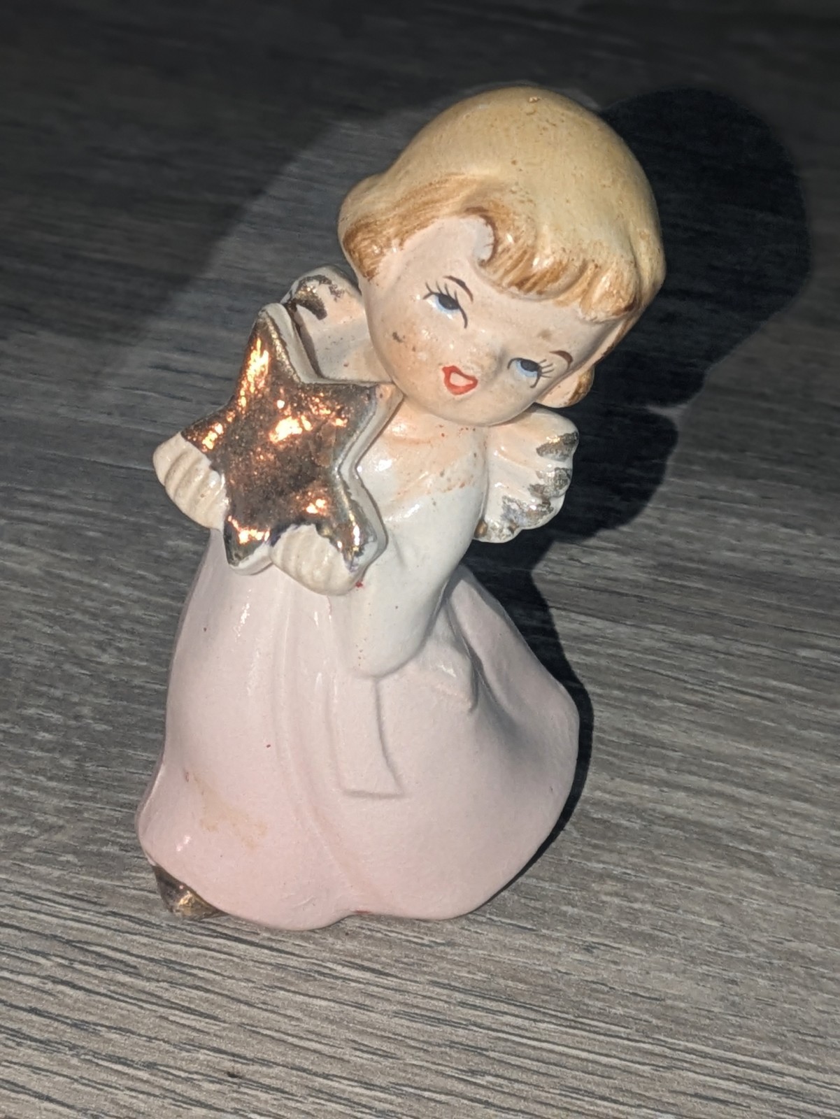 Ucagco Pink Angel Girl with Star Kitschy Cute Ceramic Figurine JAPAN Vtg 1950s