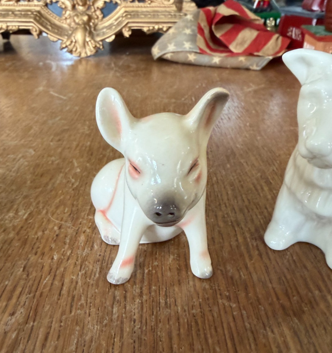 Pair of Belleek Terrier Dog Figurines with a Goebel Pig Figurine