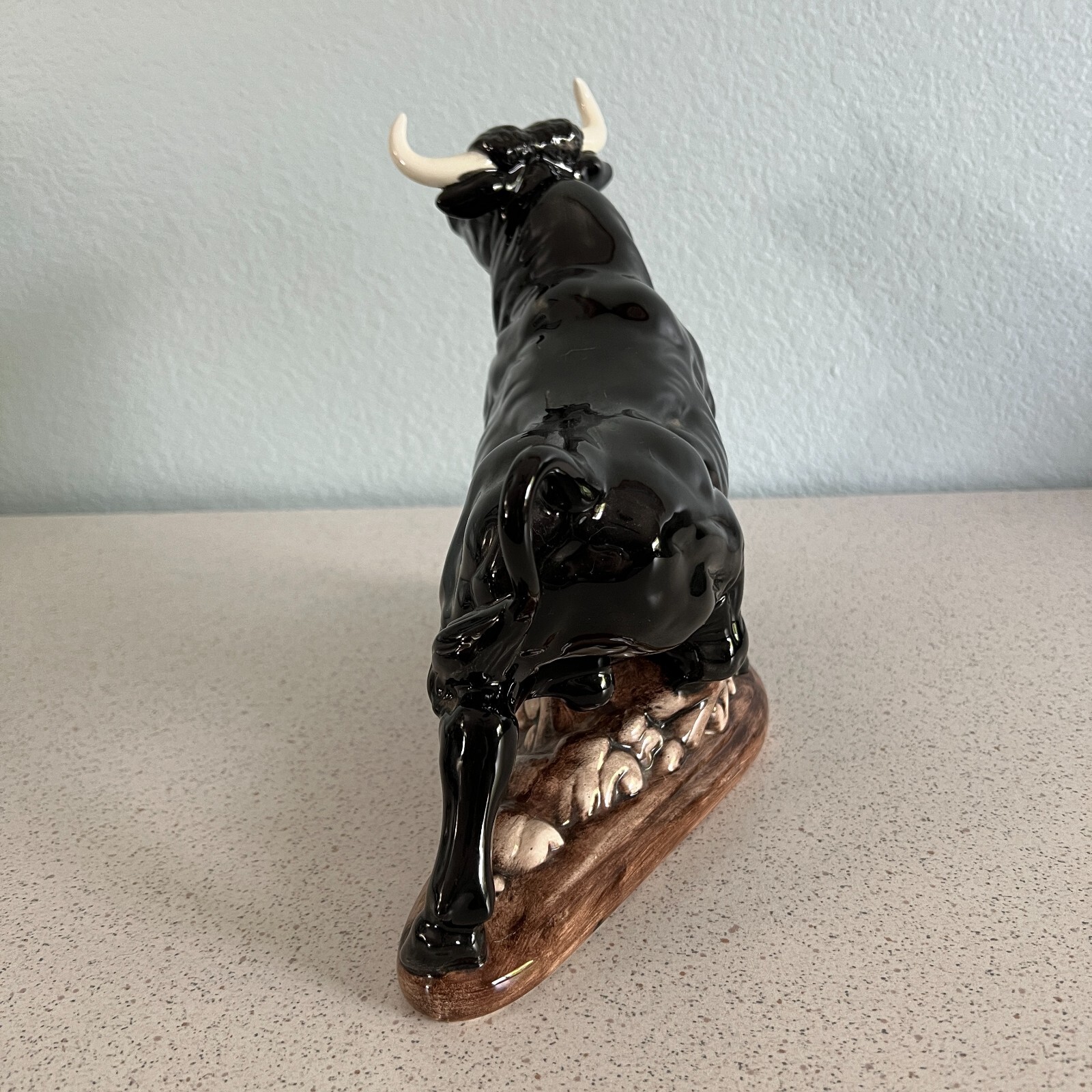 Vintage 9.5″ Black Bull Fighting Atlantic Mold Hand Painted Ceramic Figurine