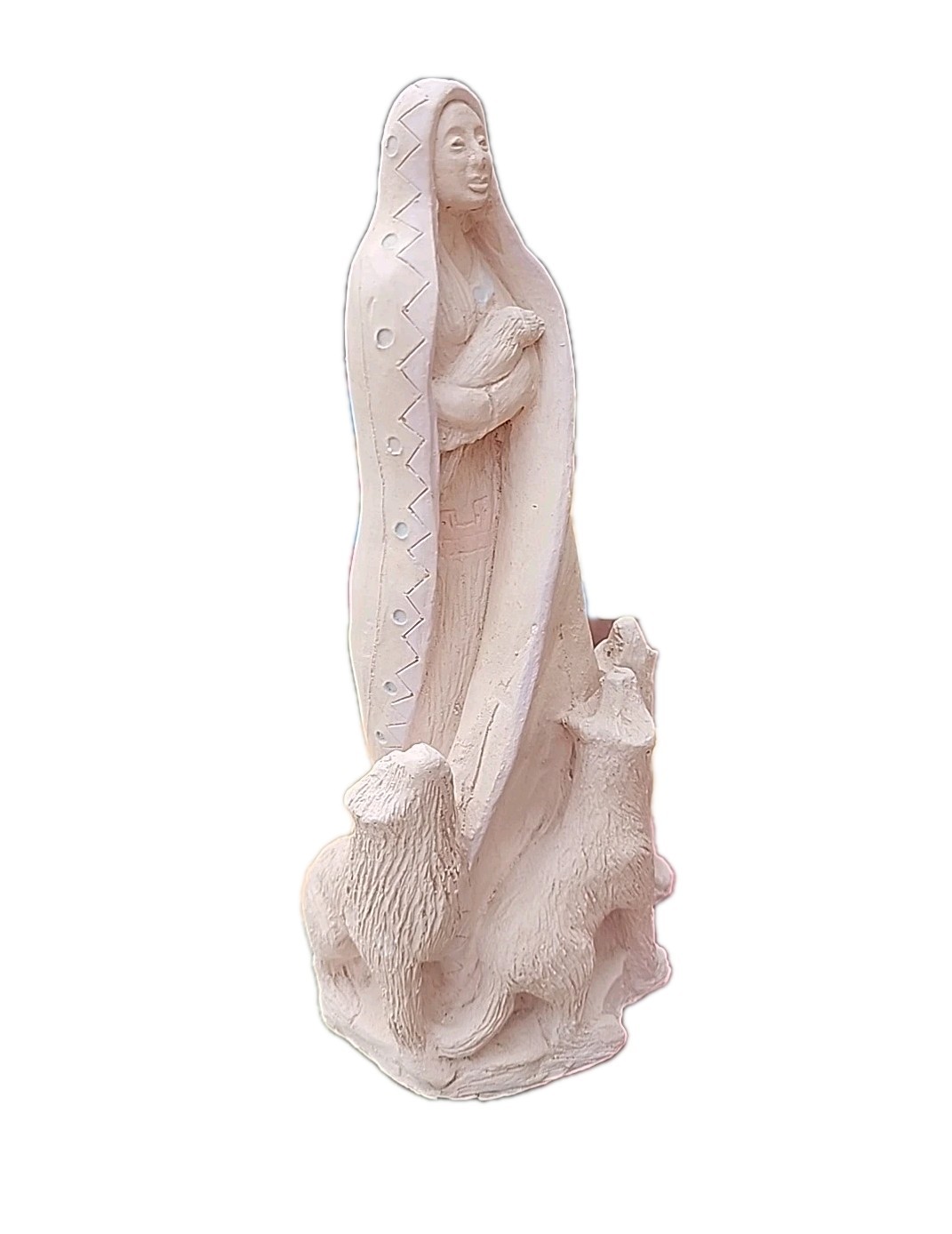 VTG Ethnic Tribal Wolf Mother Goddess W/a Cub Clay Art 10.5″ Figurine Statuette