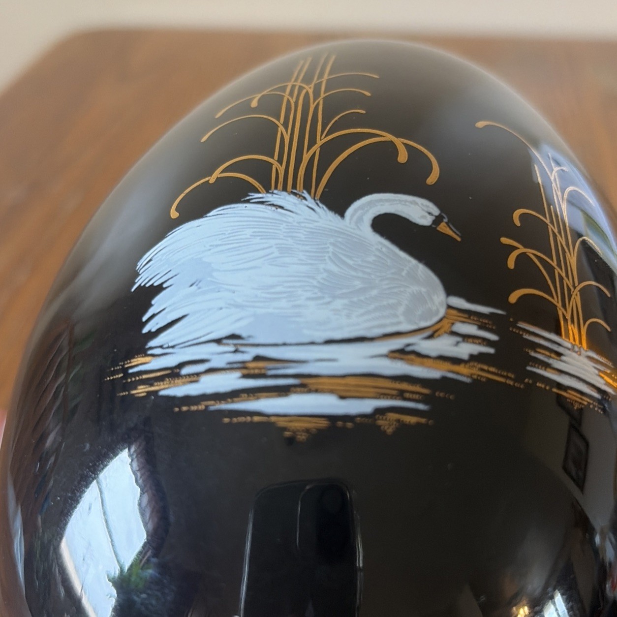 Large Porcelain Black Lacquer Egg White Swan & Gold Folk Art