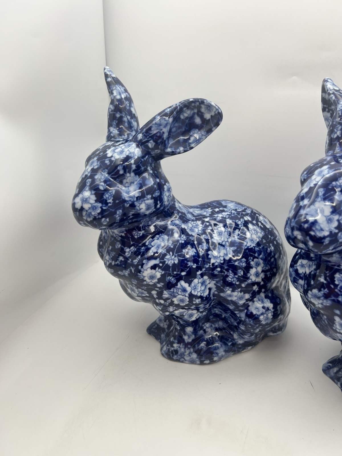Pair Blue White Floral Ceramic Bunny Rabbits Chinoiserie Decor 12” Rare, NICE
