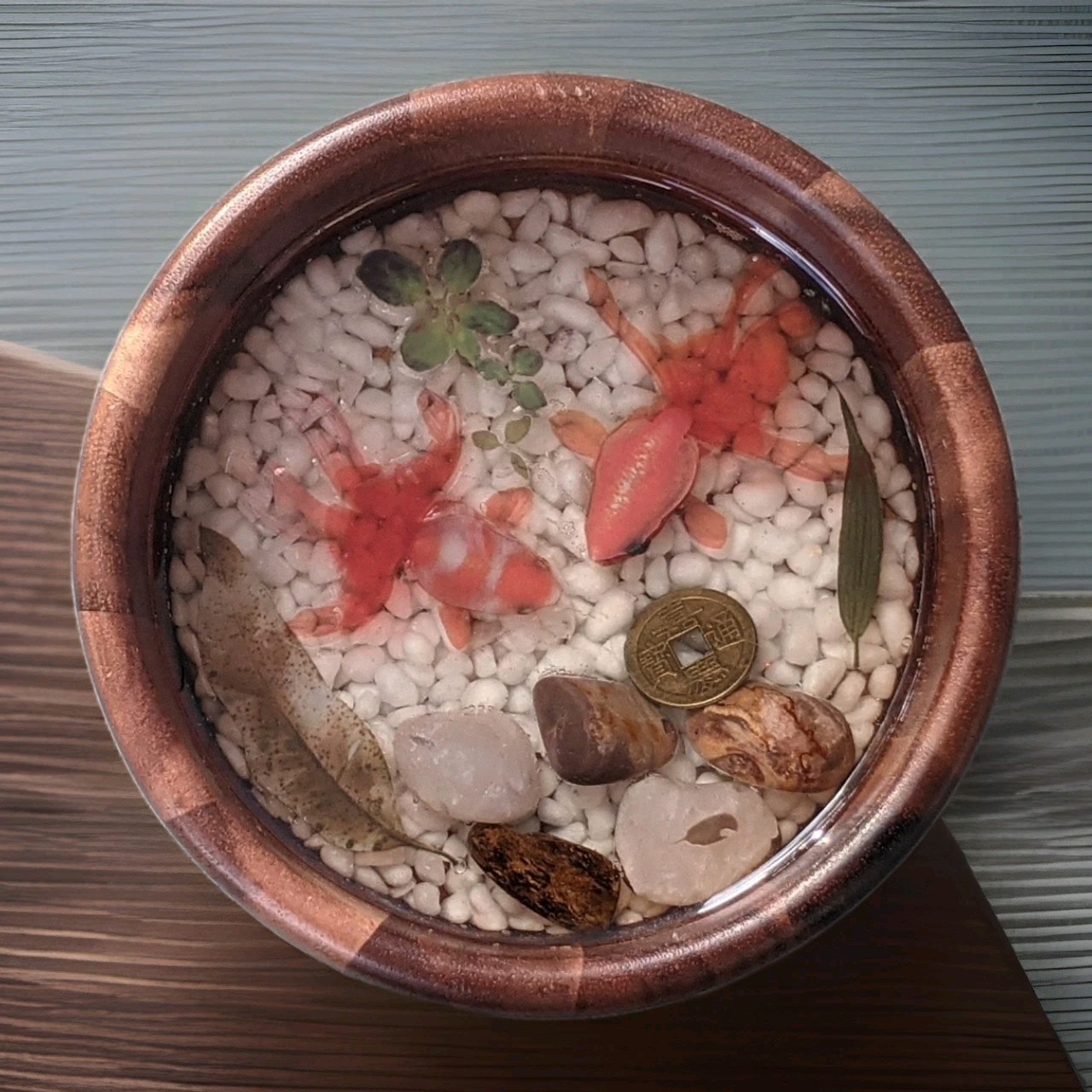 3D Gold Koi Fish Resin Painted Feng Shui Art Rocks,Leaves,Chinese Coin Wood Bowl