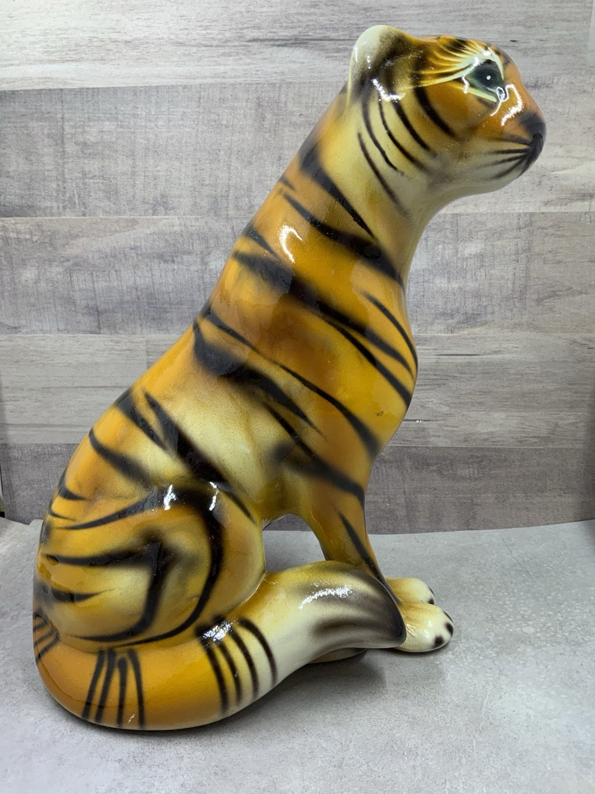 Vintage Large Seated Ceramic Tiger Statue 9.5” C.L.F Faiancas Alcobaca Portugal