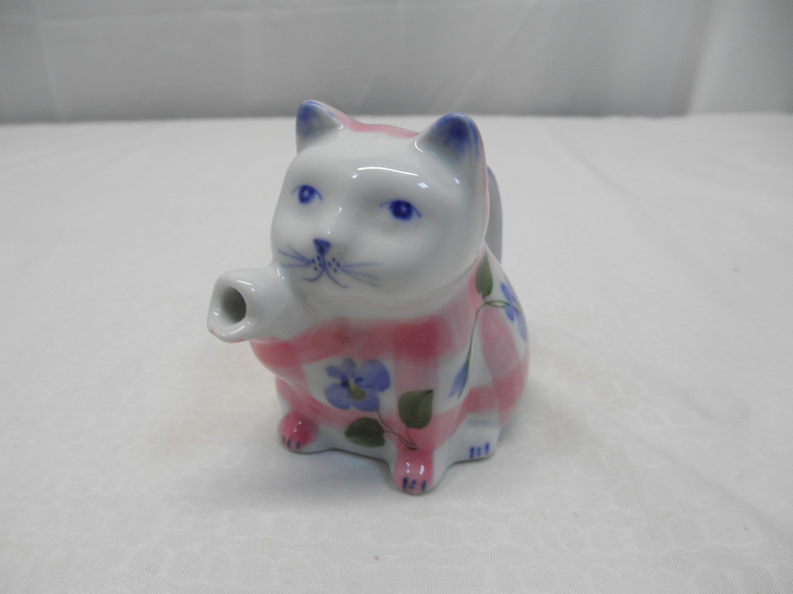 Vintage Cat Porcelain Creamer, White with Pink Plaid and Floral Pattern