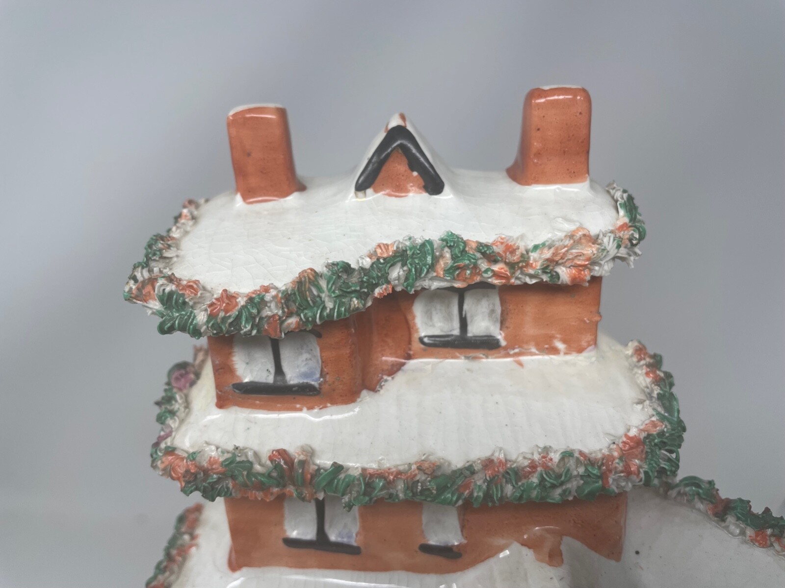 Staffordshire Flat Back Holiday Decorated 3-Story House & Coin Bank Christmas