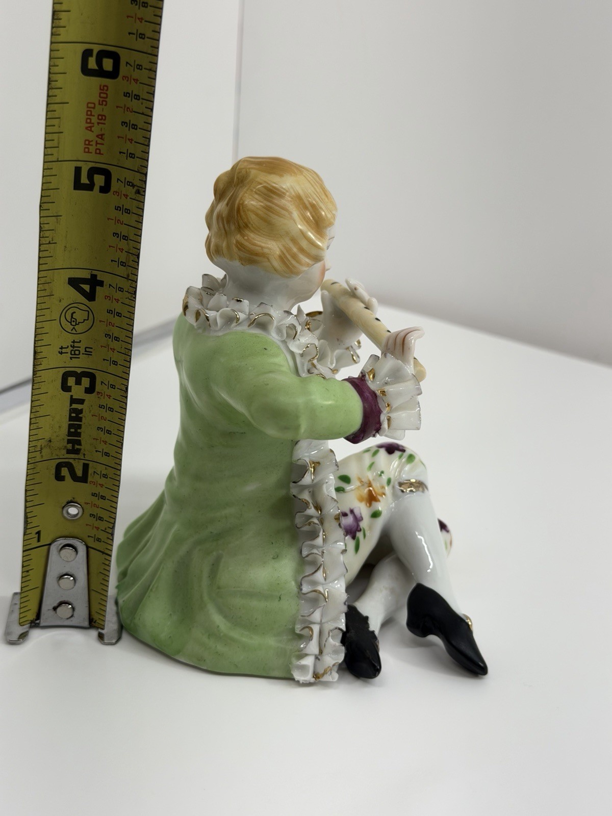 Vintage Made in Japan Porcelain Boy Playing Flute Figurine Green Coat 5” Gold T