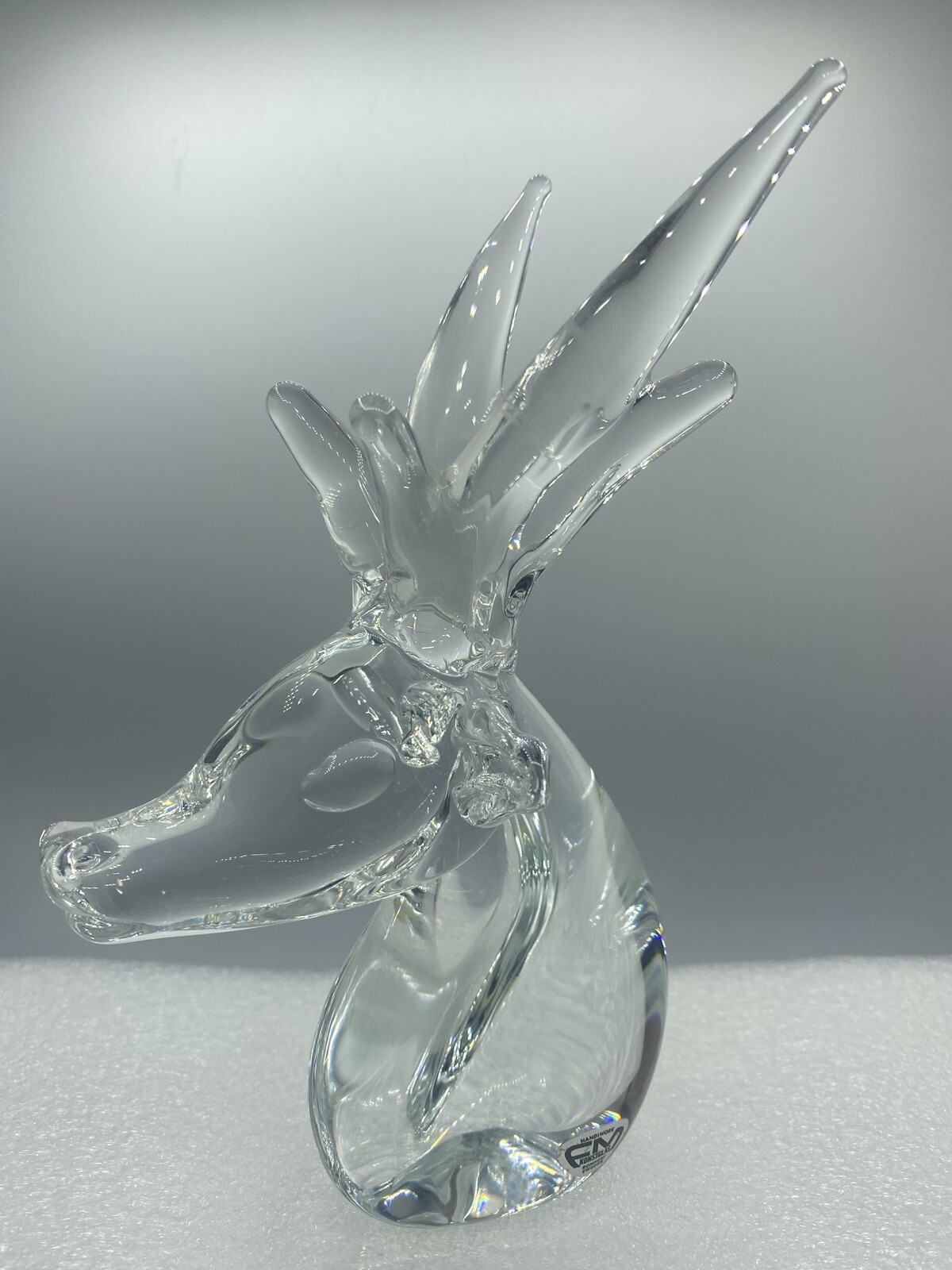 Vintage FM Konstglas Ronneby Sweden Crystal Deer Head 7 3/4″ Tall Signed w/Tag