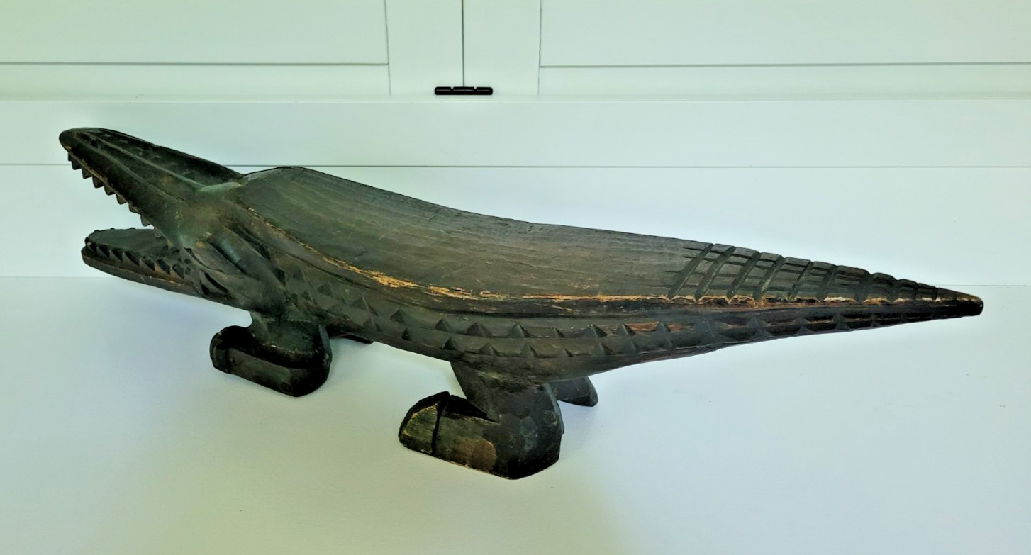 Antique Folk Art Ethnic Hand Carved Large Wood Alligator 31″ Long