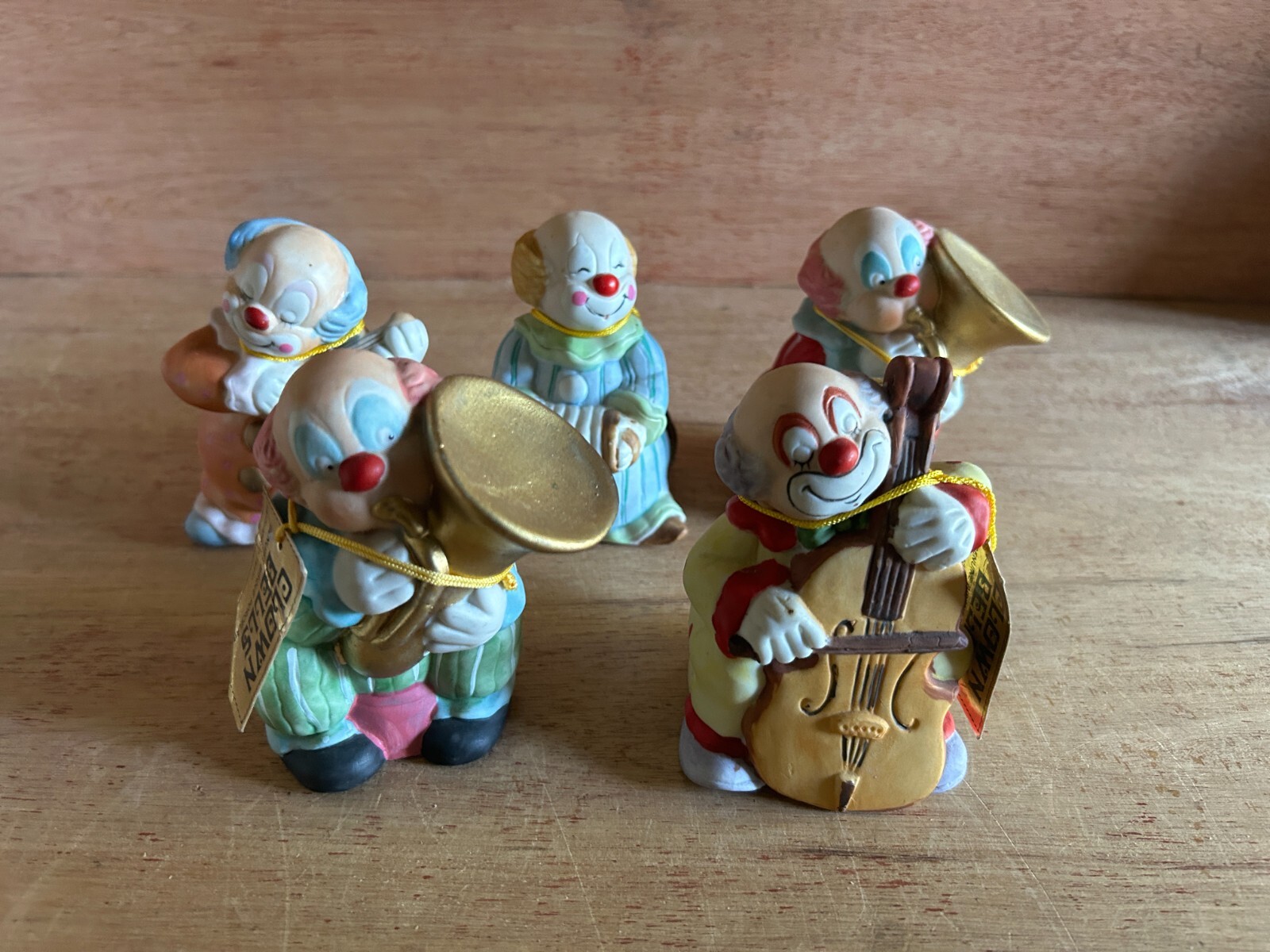 Clown Musician Figurine Bell Set of 5 Tuba Cello Squeezebox Violin Bisque Jasco