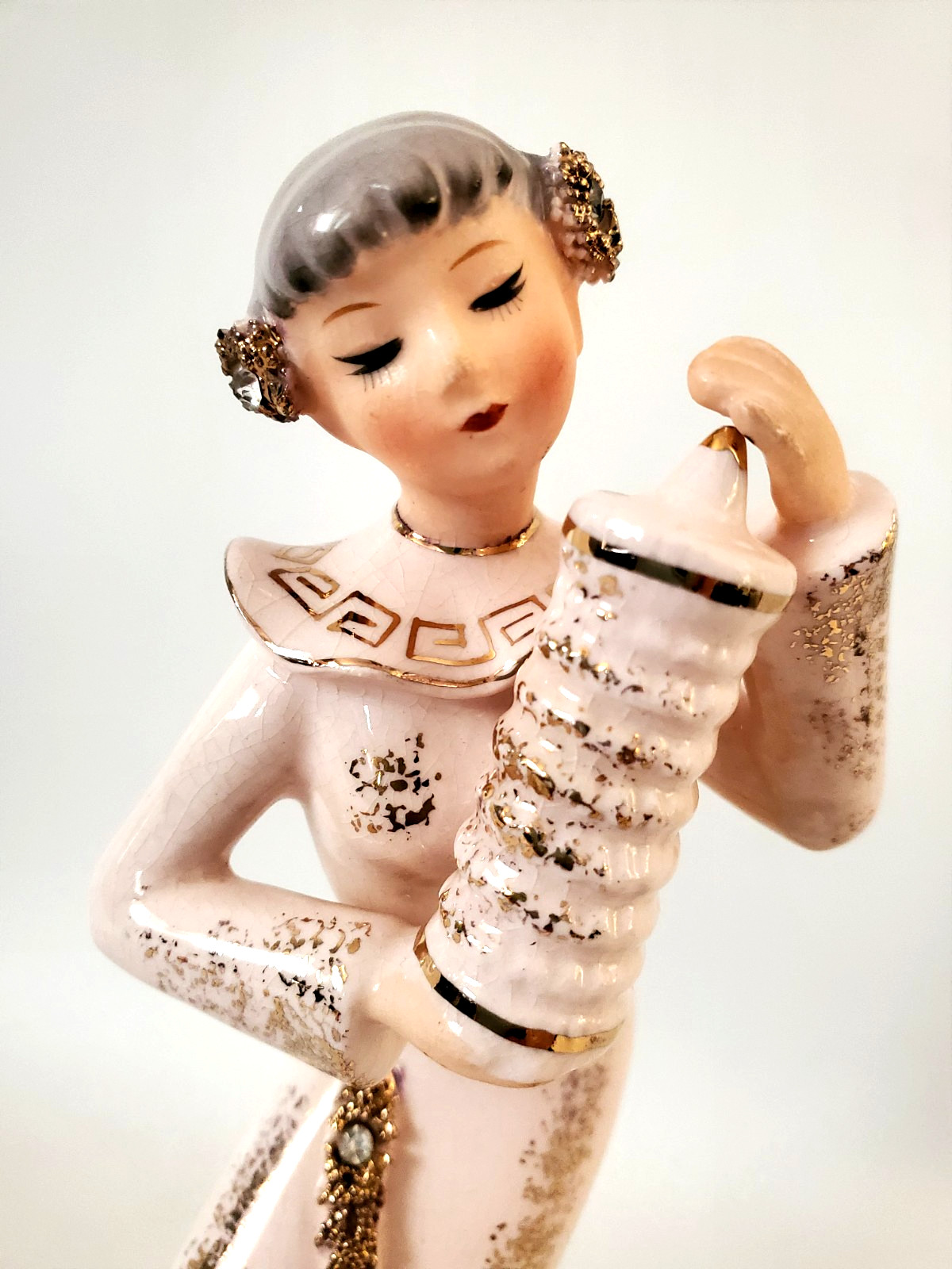 VINTAGE FEMALE ASIAN FIGURINE PINK GOLD TRIM AND RHINESTONES
