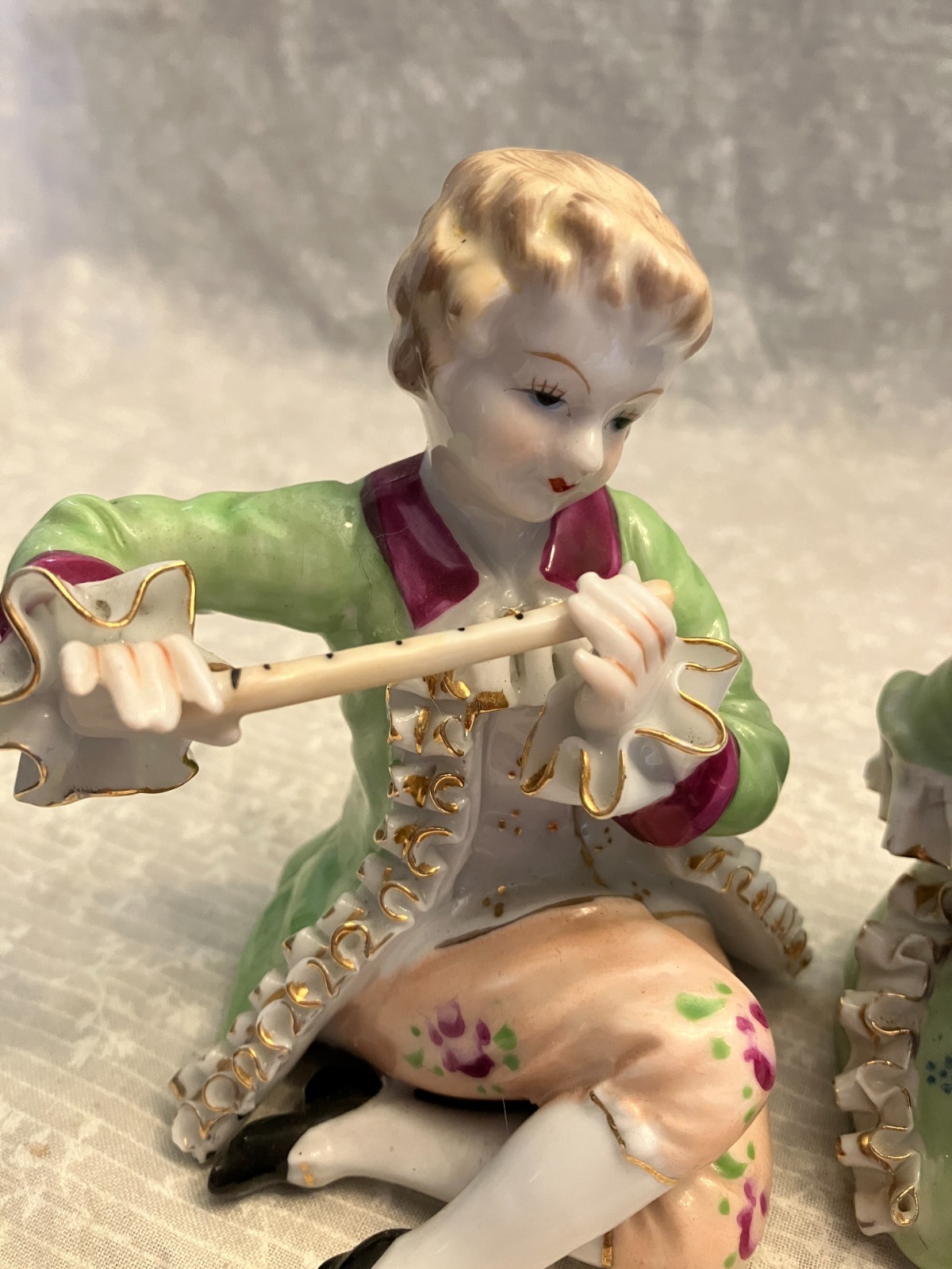 vintage Wales porcelain. Meissen style bone china. Lace boy with flute and girl