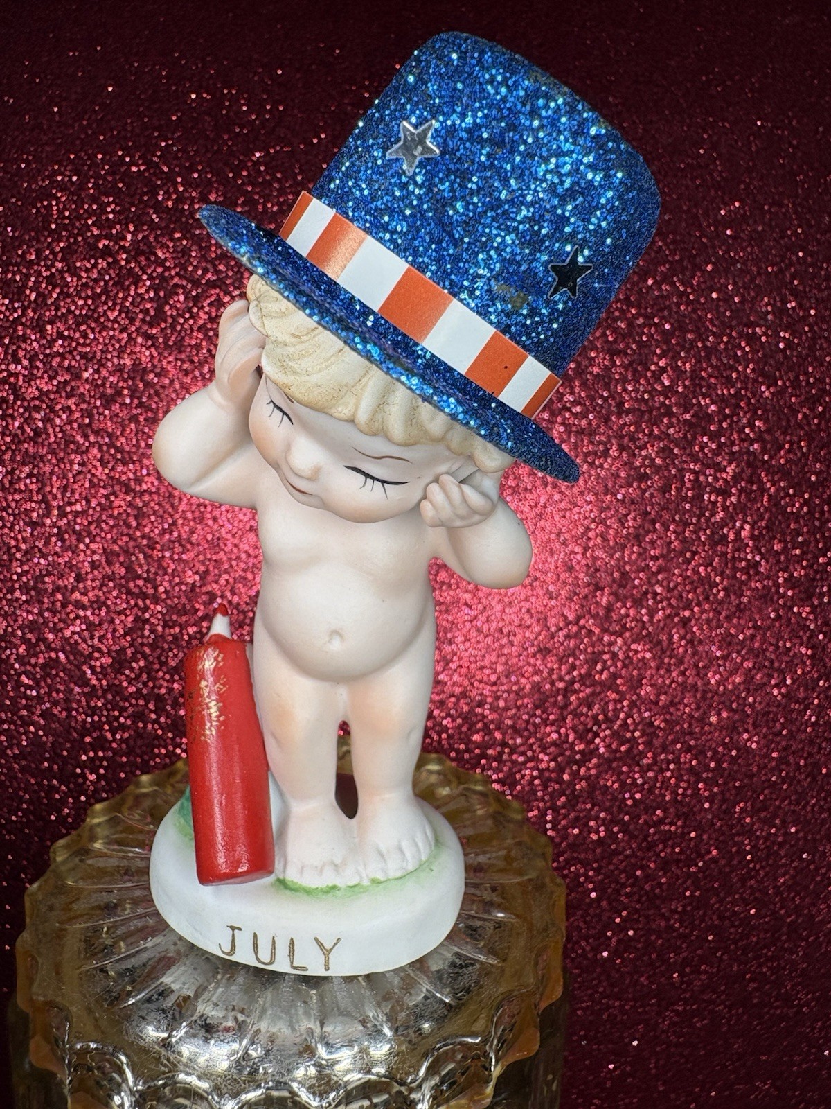 Vtg Lefton July Angel Girl In Blue Glitter Top Hat Firecracker Figurine Japan
