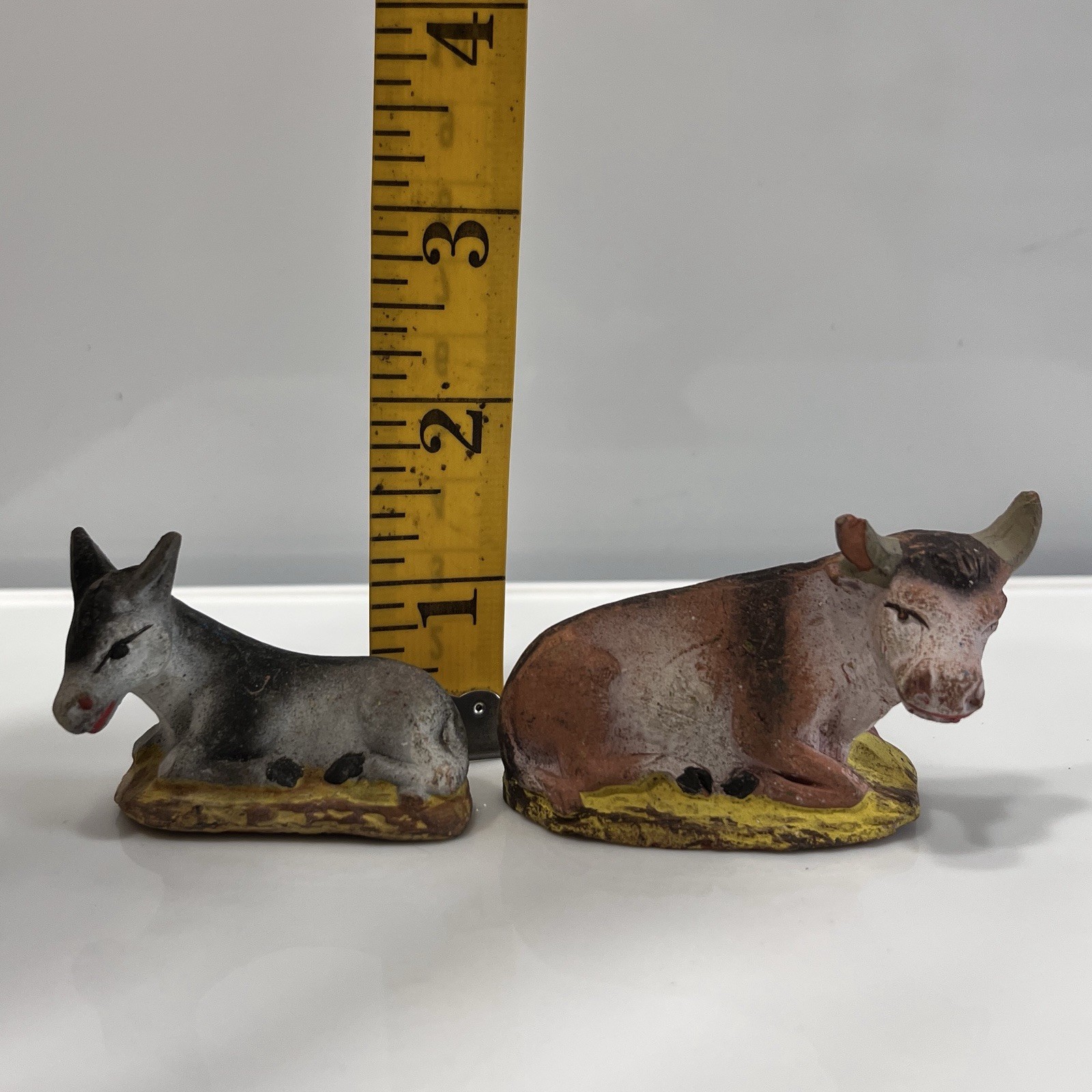 Vintage P. Fouque Santon French Hand Painted Figurine Nativity Cow & Donkey