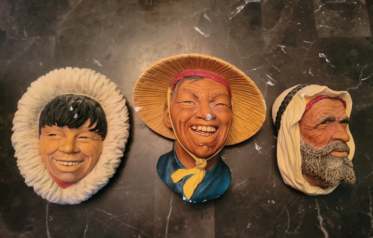 SET OF 3 BOSSONS ENGLAND CHALKWARE HEADS 1960’S – 70’S. Eskimo, Coolie, Syrian