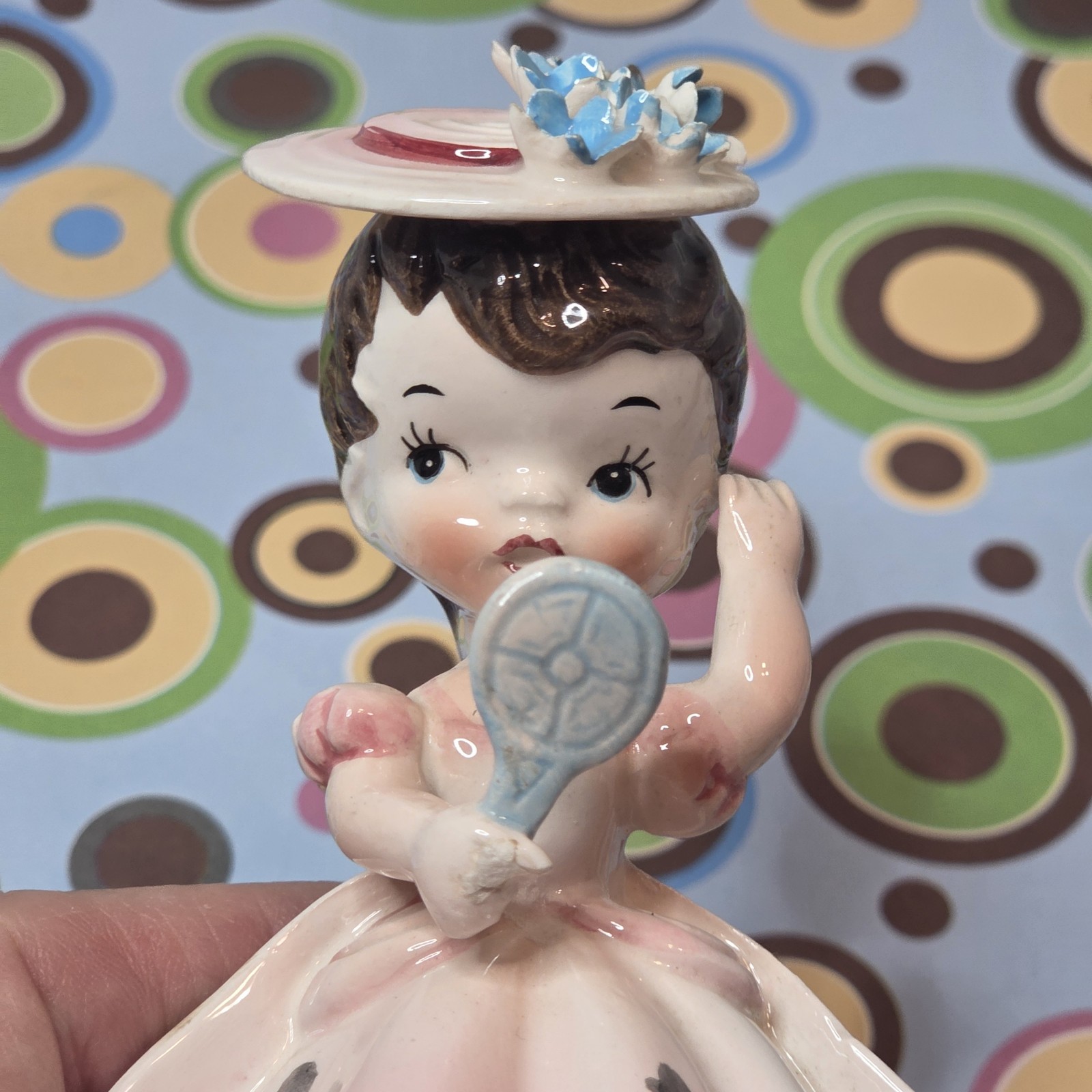 Vtg Lefton Girl Figurine Pink Dress Mirror Flower Hat Ceramic 1448 4.75″ READ