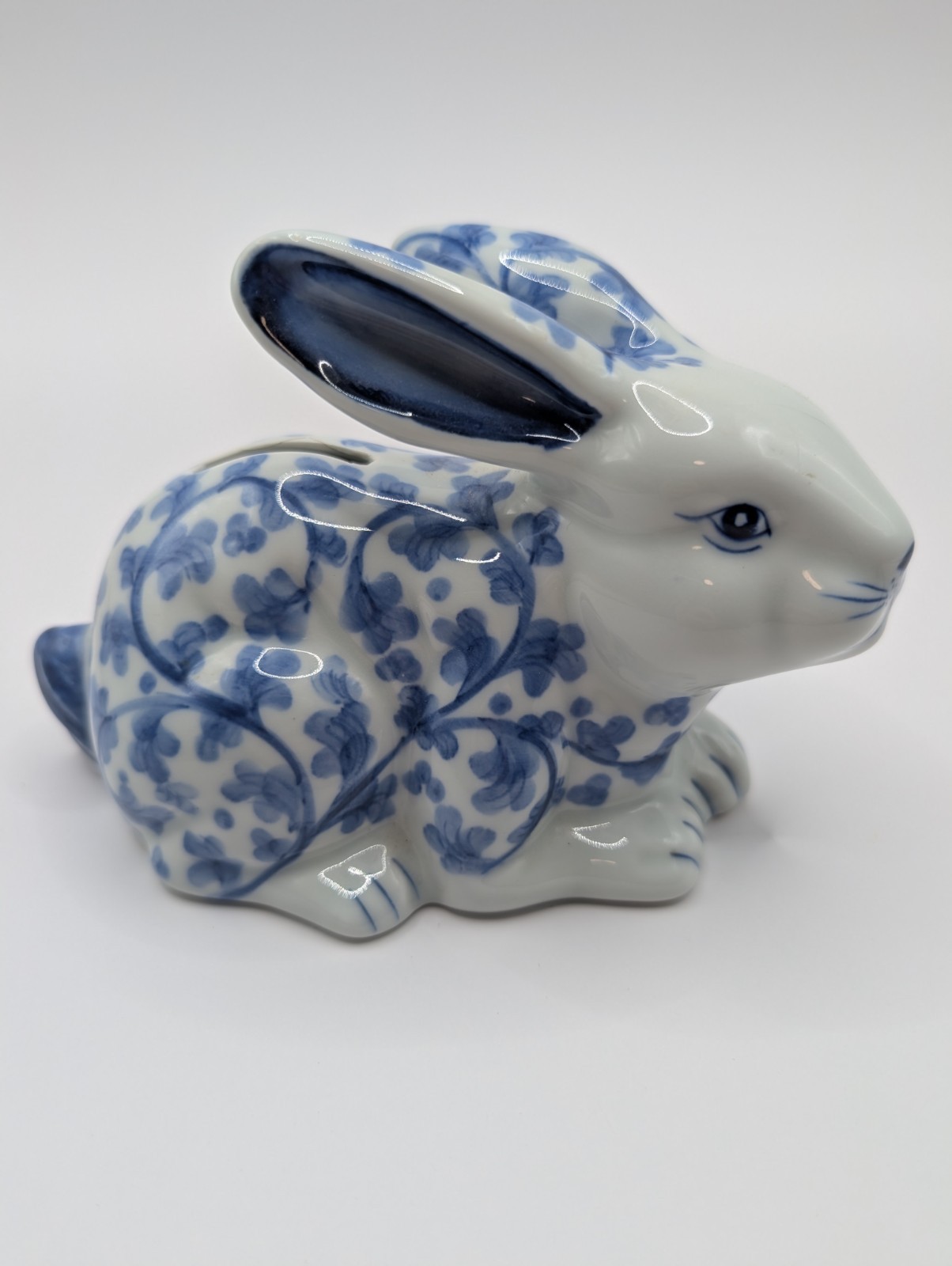 Vintage Andrea By Sadek Blue & White Floral Rabbit Bunny Coin Bank Porcelain