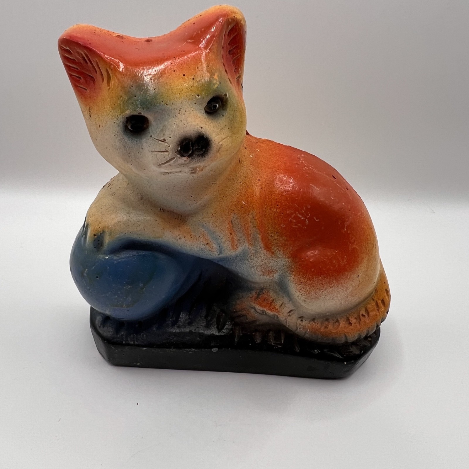 Vintage Chalkware Carnival Prize. 4in. Orange/blue. Cat with ball. Hand Painted