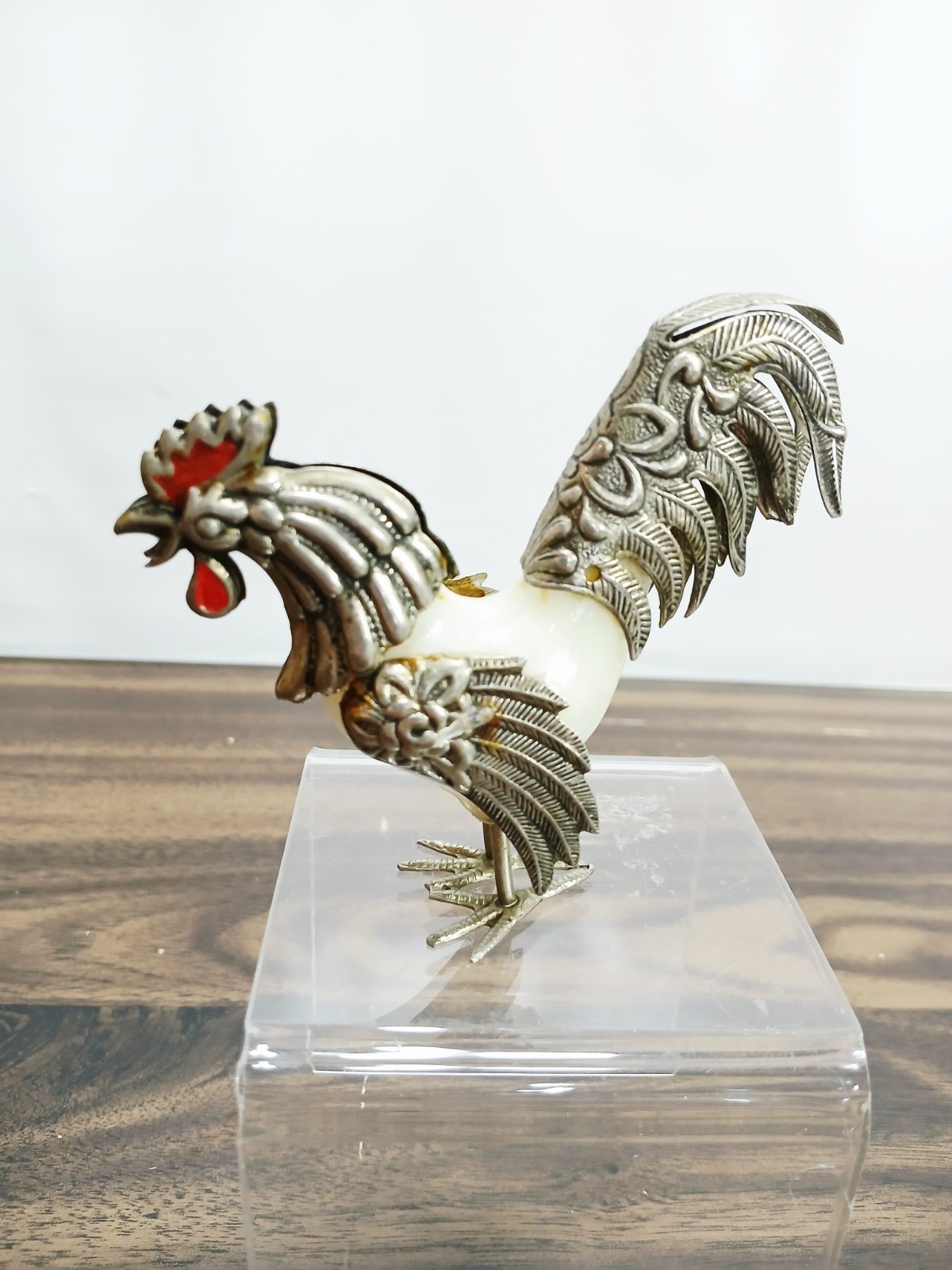 Vtg Very Detailed Metal/Plastic ROOSTER 4″ FIGURINE=Marble plastic/Brass (?)