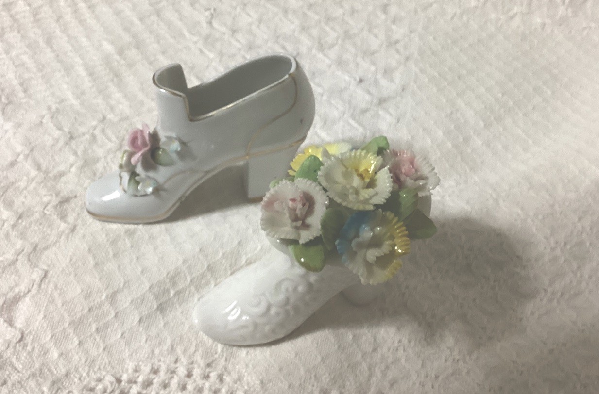 Vintage Mini High Heel Shoe Figurines Glass & Floral Porcelain Set Of 2
