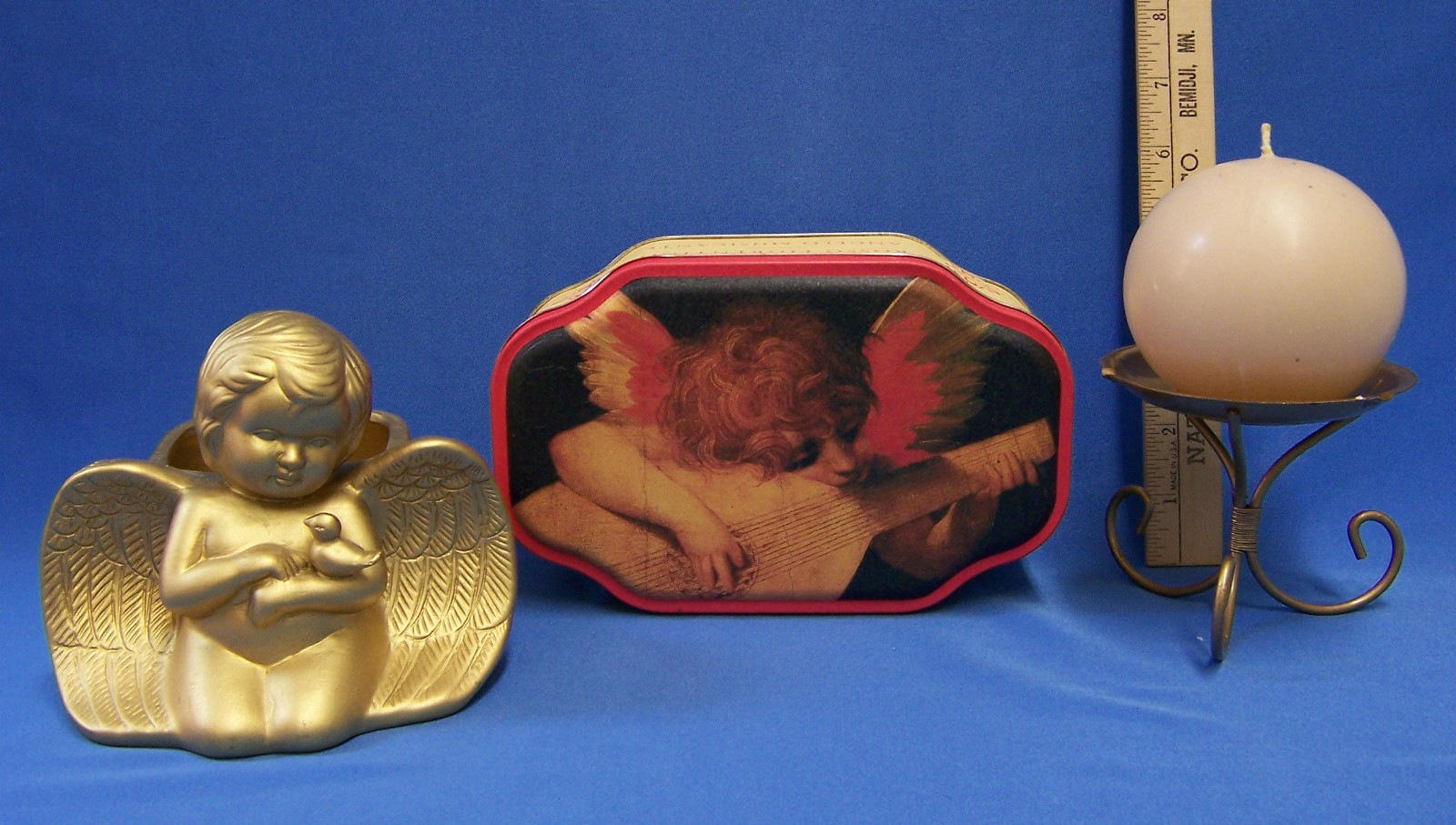 Angel Ceramic Planter Trinket Candleholder Goldtone Angels Tin Box Storage Lot 4