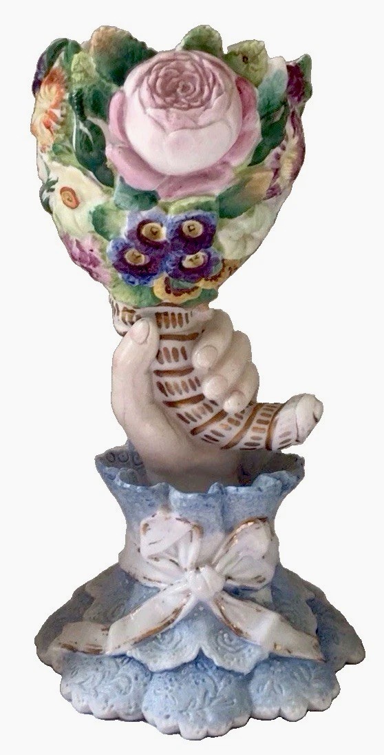 c. 1880 Victorian Encrusted Bisque Porcelain Hand Cornucopia Spill Vase