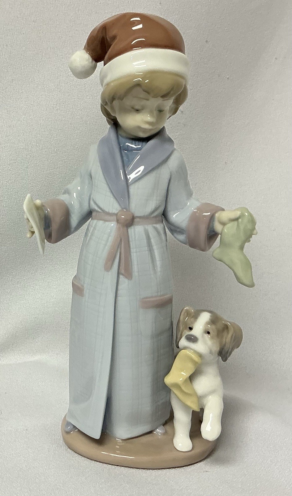 Llardo “Dear Santa” Boy In Santa Hat W/Letter To Santa, Stocking, & Dog 9” Tall