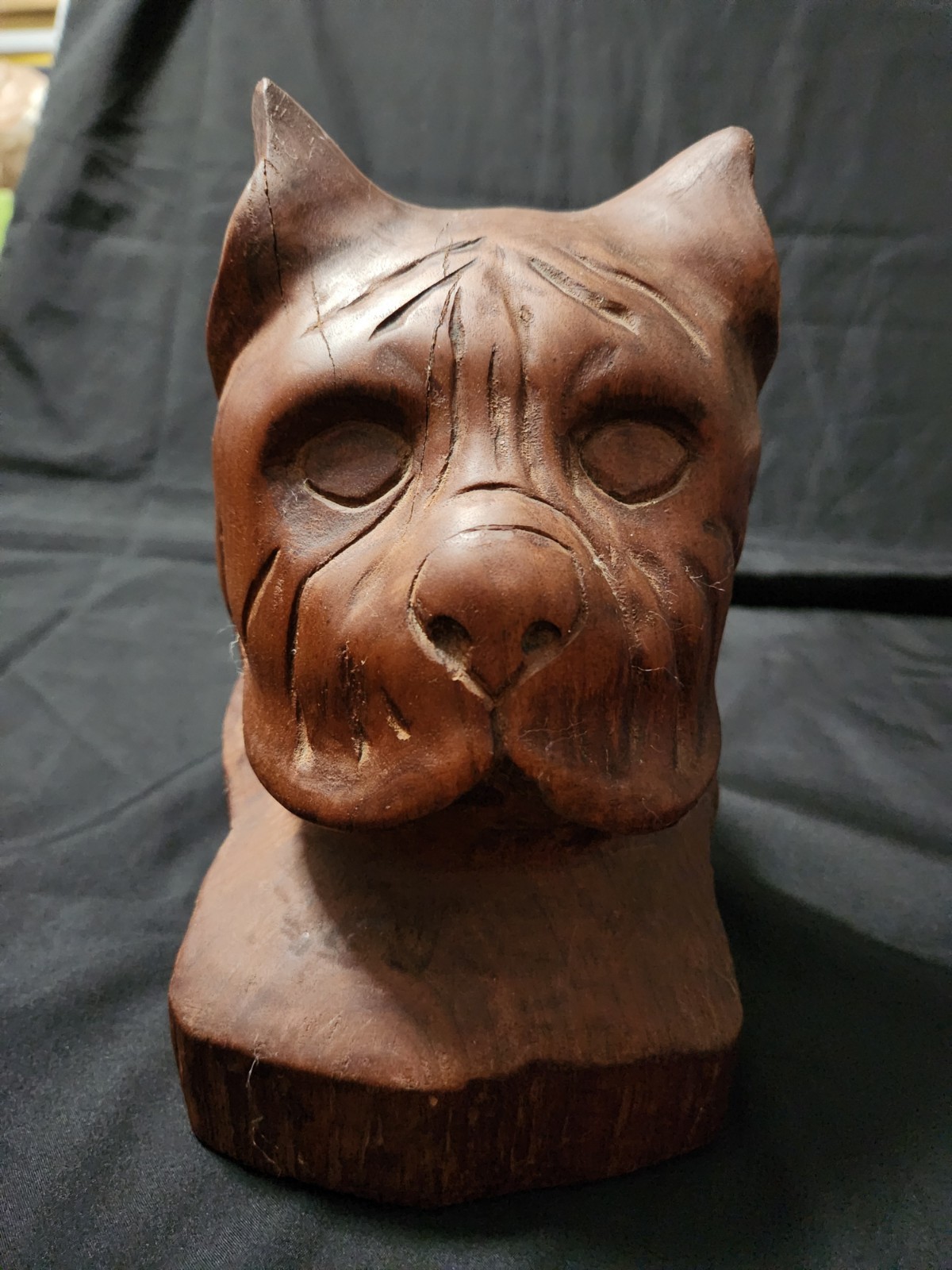 Vintage Hand Carved Wood Folk Art Dog Head Artist Signed Boxer Bulldog 1974