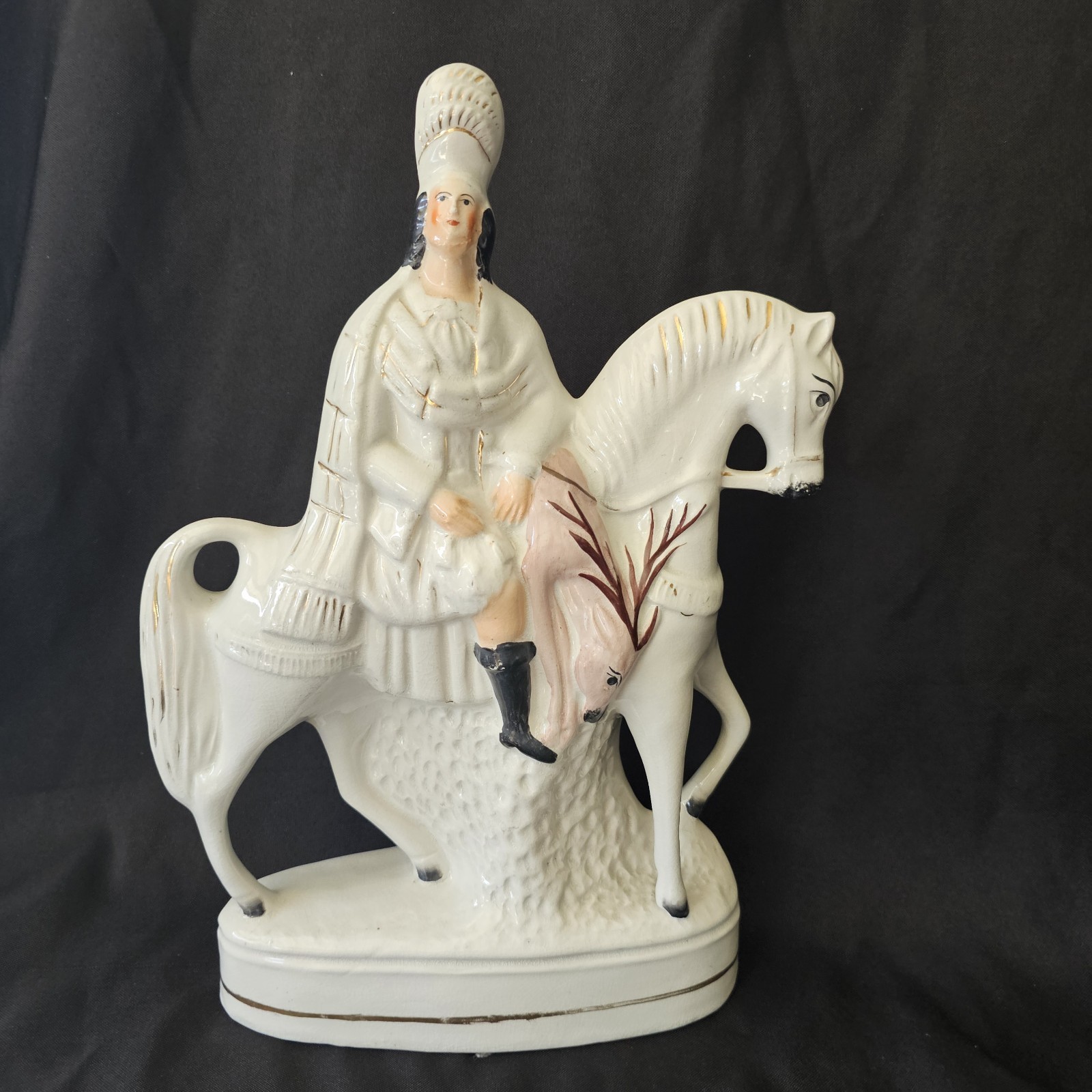 ANTIQUE *RARE STAFFORDSHIRE Scottish SOLDIER ON HORSEBACK FIGURINE *Colored Deer