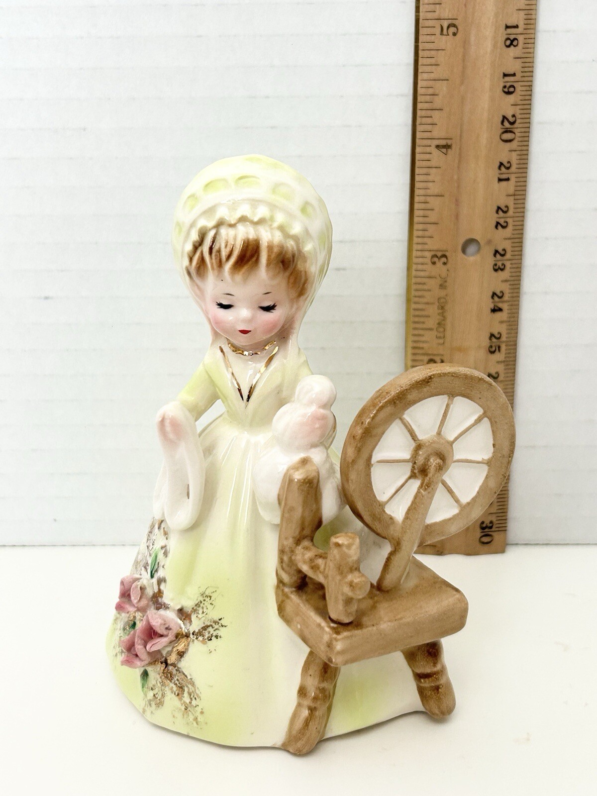 Josef Originals Colonial Days Spinning Wheel Girl Figurine Green Dress