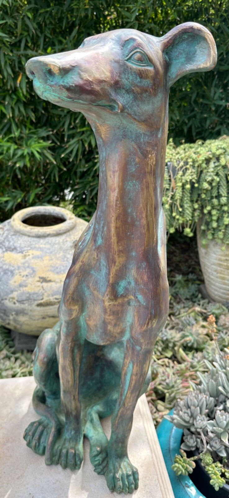 Vintage Italian Life Size Carved Wood Gold Verdigris Greyhound Baroque Sculpture