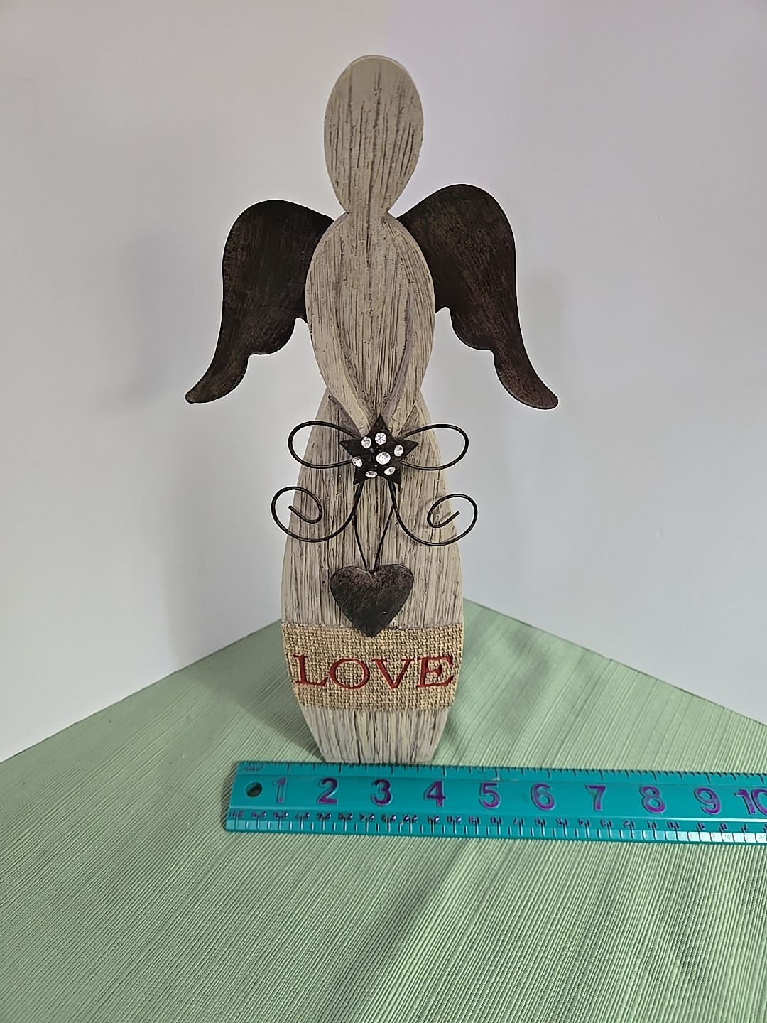 Rustic Farmhouse Wood Angel Gray Rusty Metal Wings Heart Love Rhinestones
