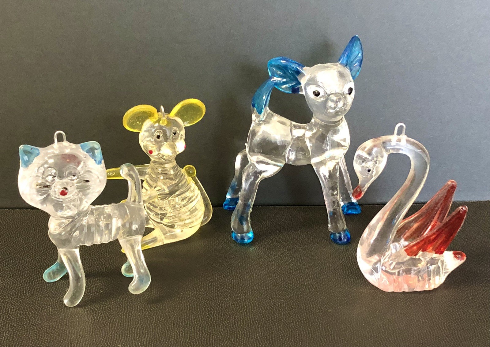 Vtg Painted Lucite Translucent Plastic Animal Figurines Lot Deer Cat Swan Mouse