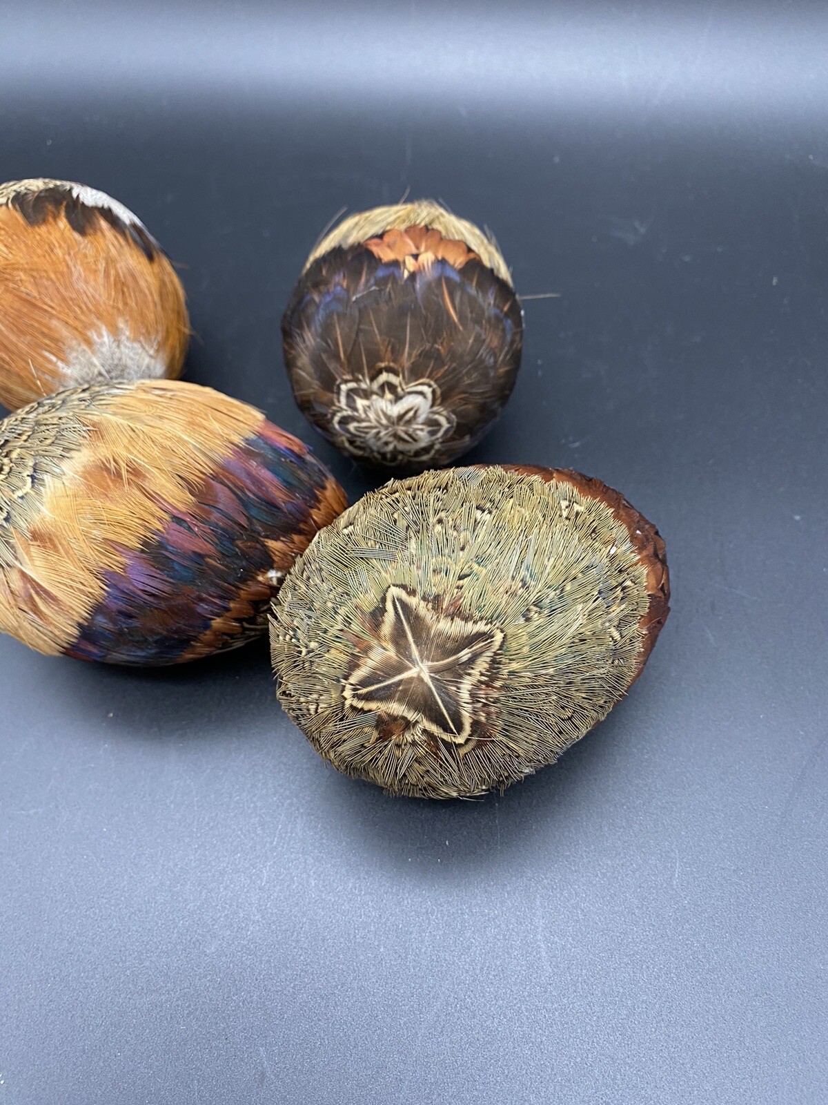 Pheasant Feather Covered Eggs Vintage Brown Multicolor Set Of 4