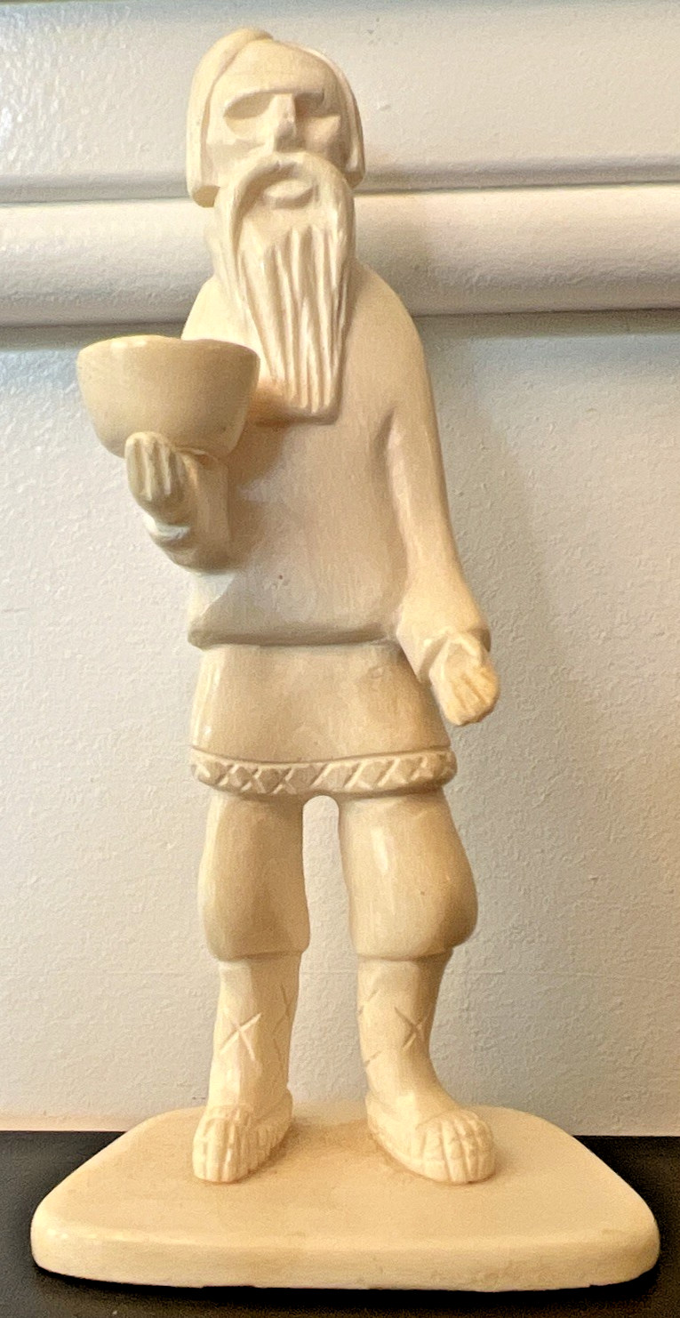 Carved Handmade Made in France Miniature Figurine ~ Peasant Holding Bowl of Oats