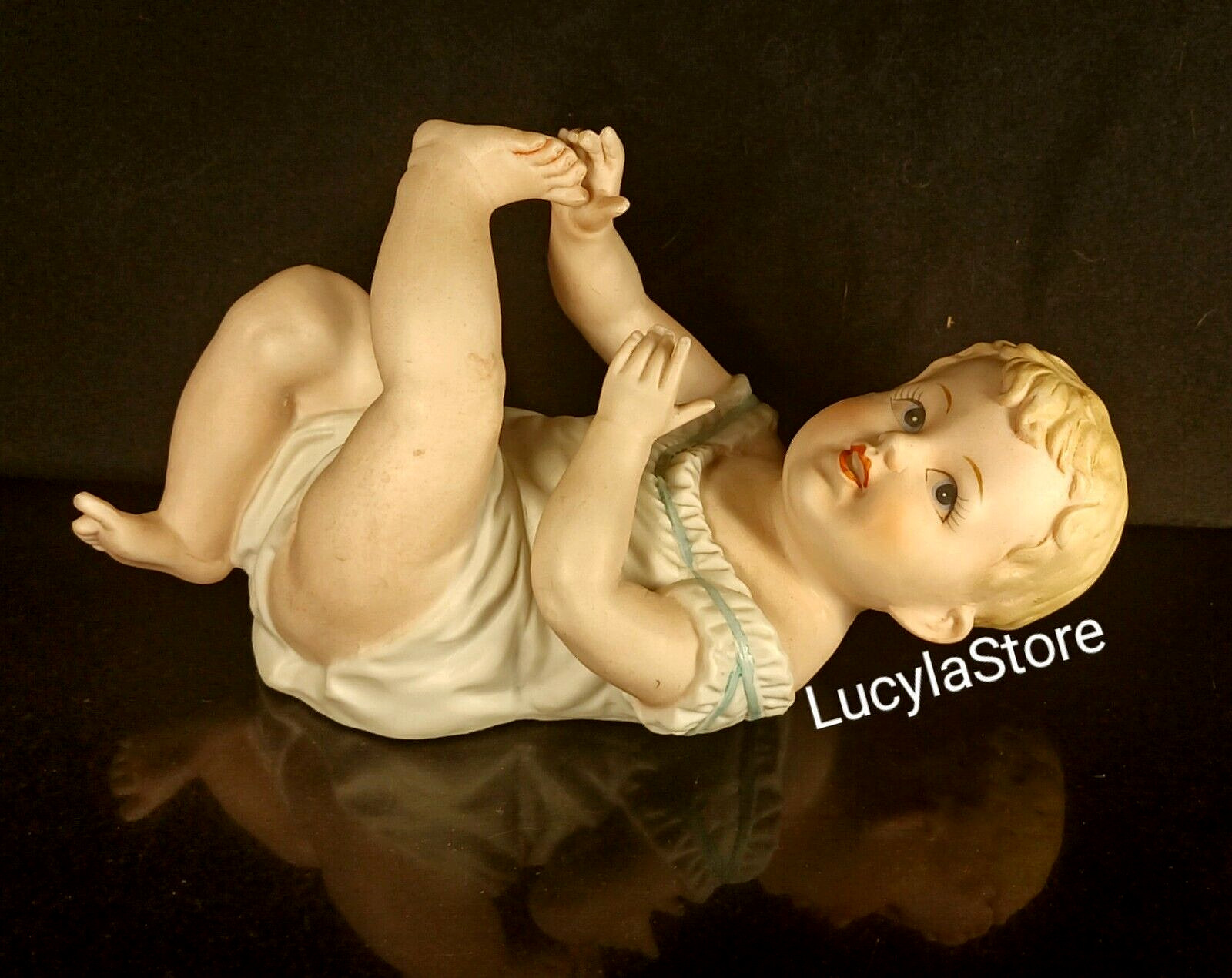 8 in Vintage Bisque Porcelain Piano Baby Boy Figurine Lying Down by Andrea 7536